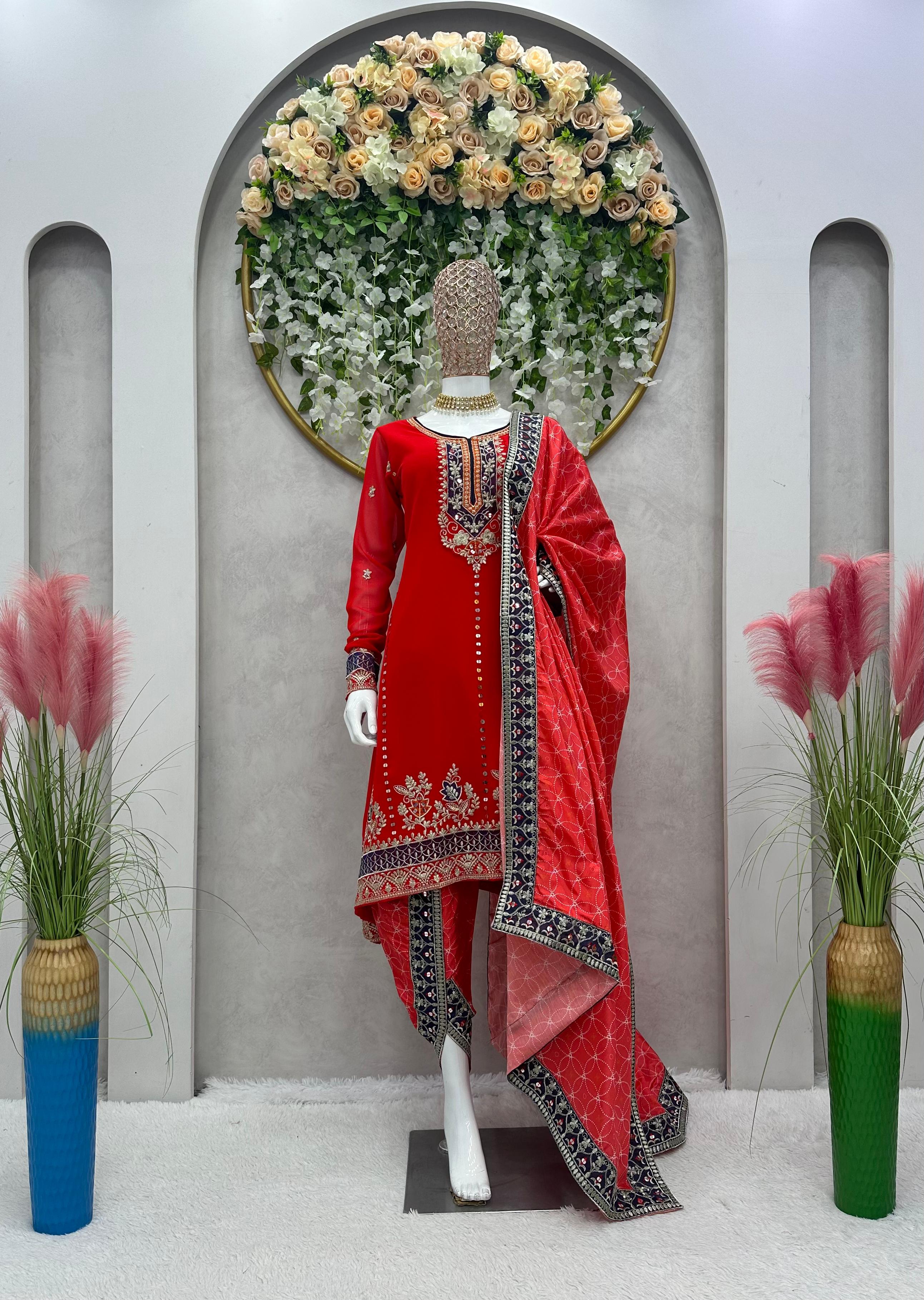Stylish Red Color Sequence Thread Work Dhoti Suit