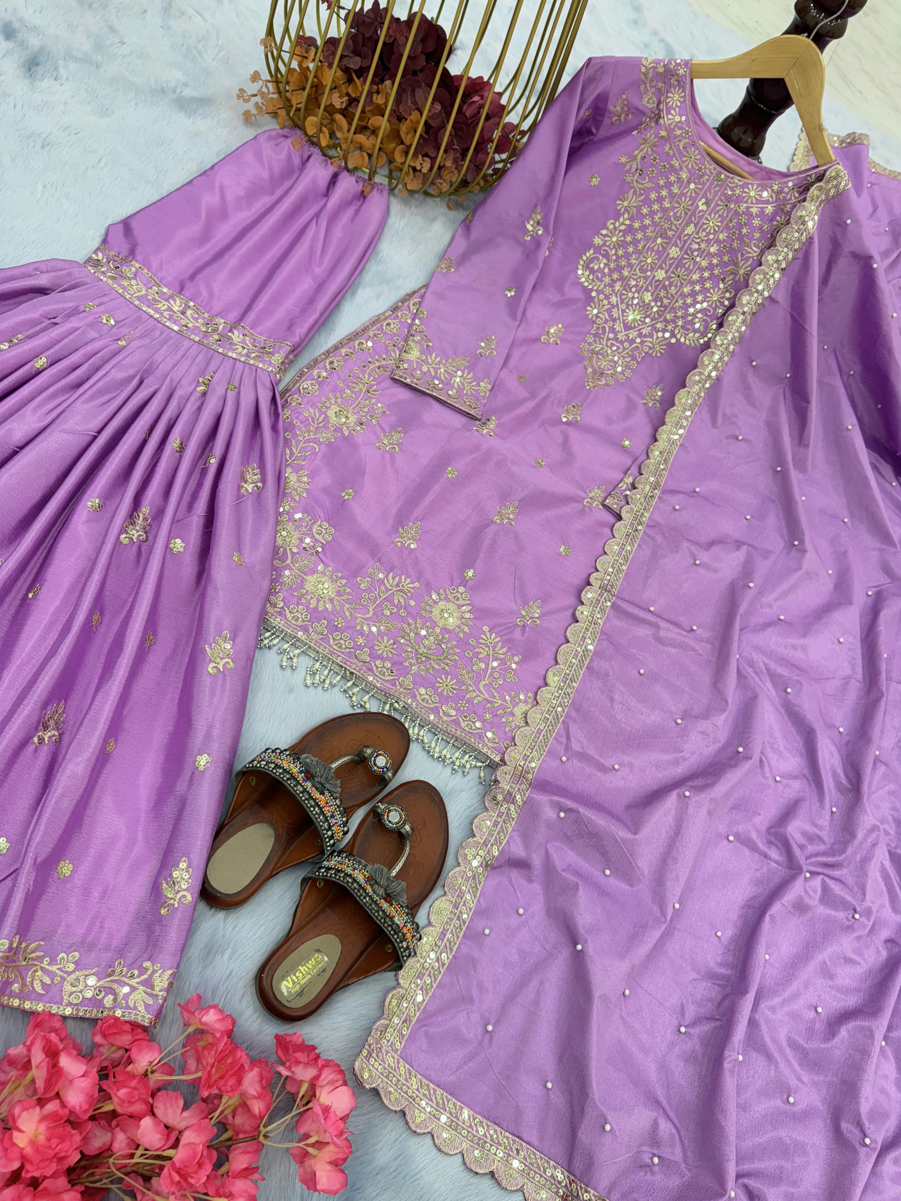 Awesome Lavender Color Embroidery Work Sharara Suit