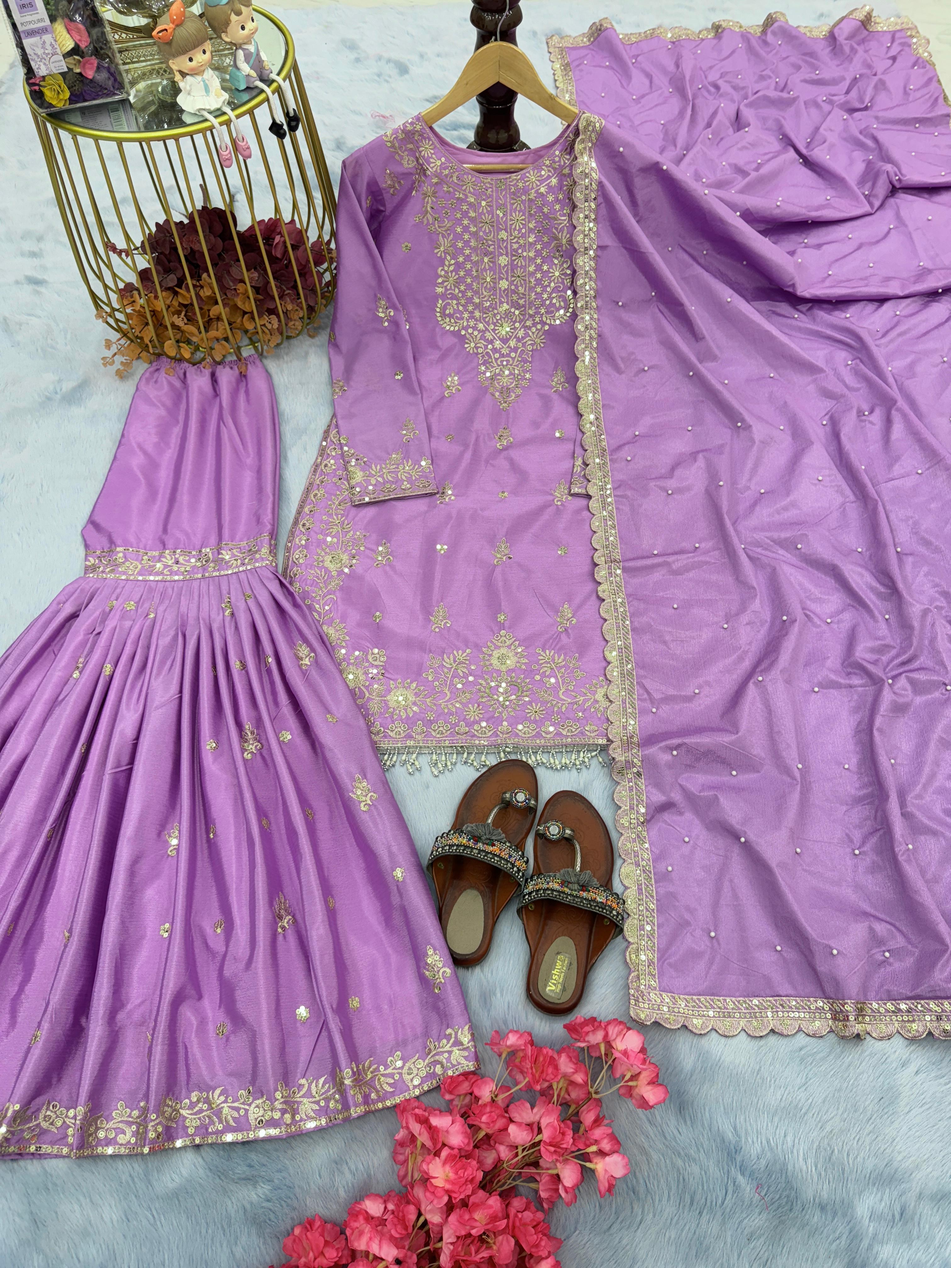 Awesome Lavender Color Embroidery Work Sharara Suit