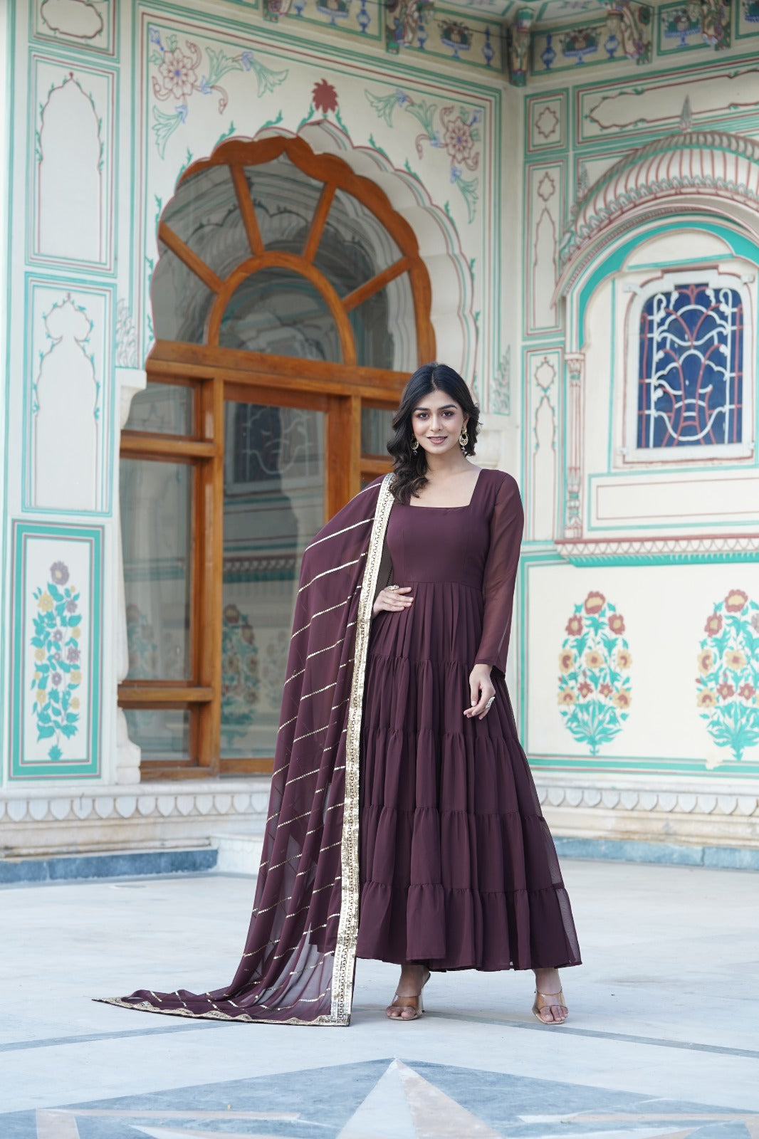 Attractive Pattern Brown Color Ruffle Gown With Dupatta