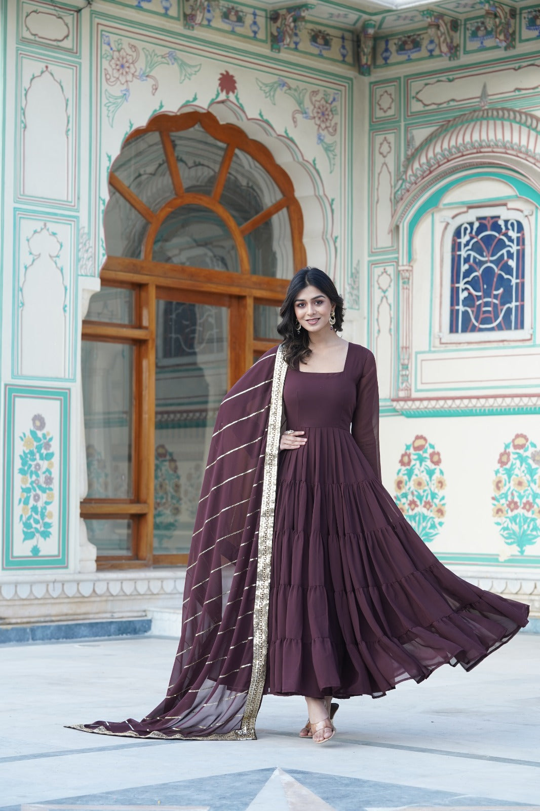 Attractive Pattern Brown Color Ruffle Gown With Dupatta
