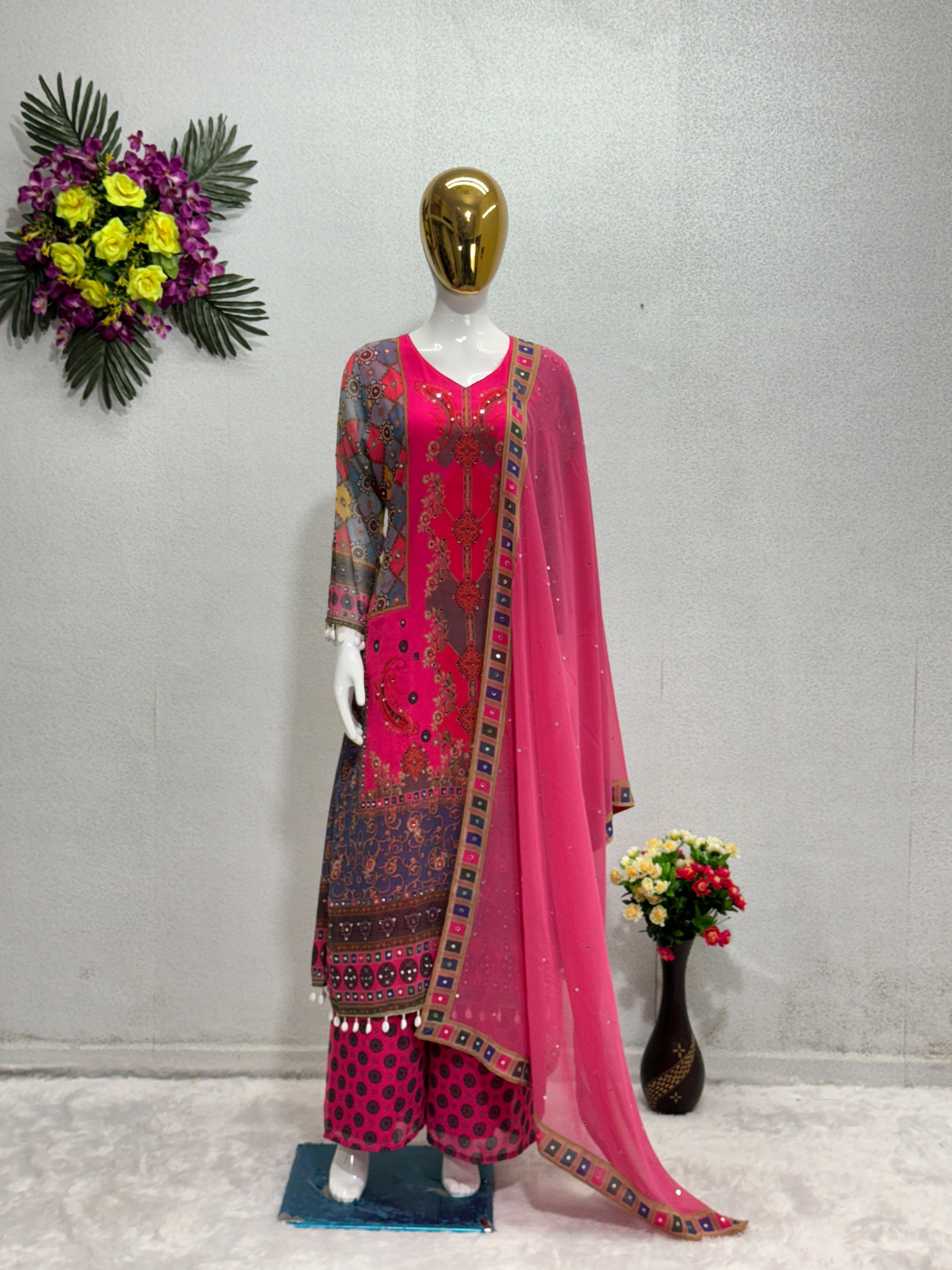 Fantastic Pink Color Multi Design Print Work Sharara Suit