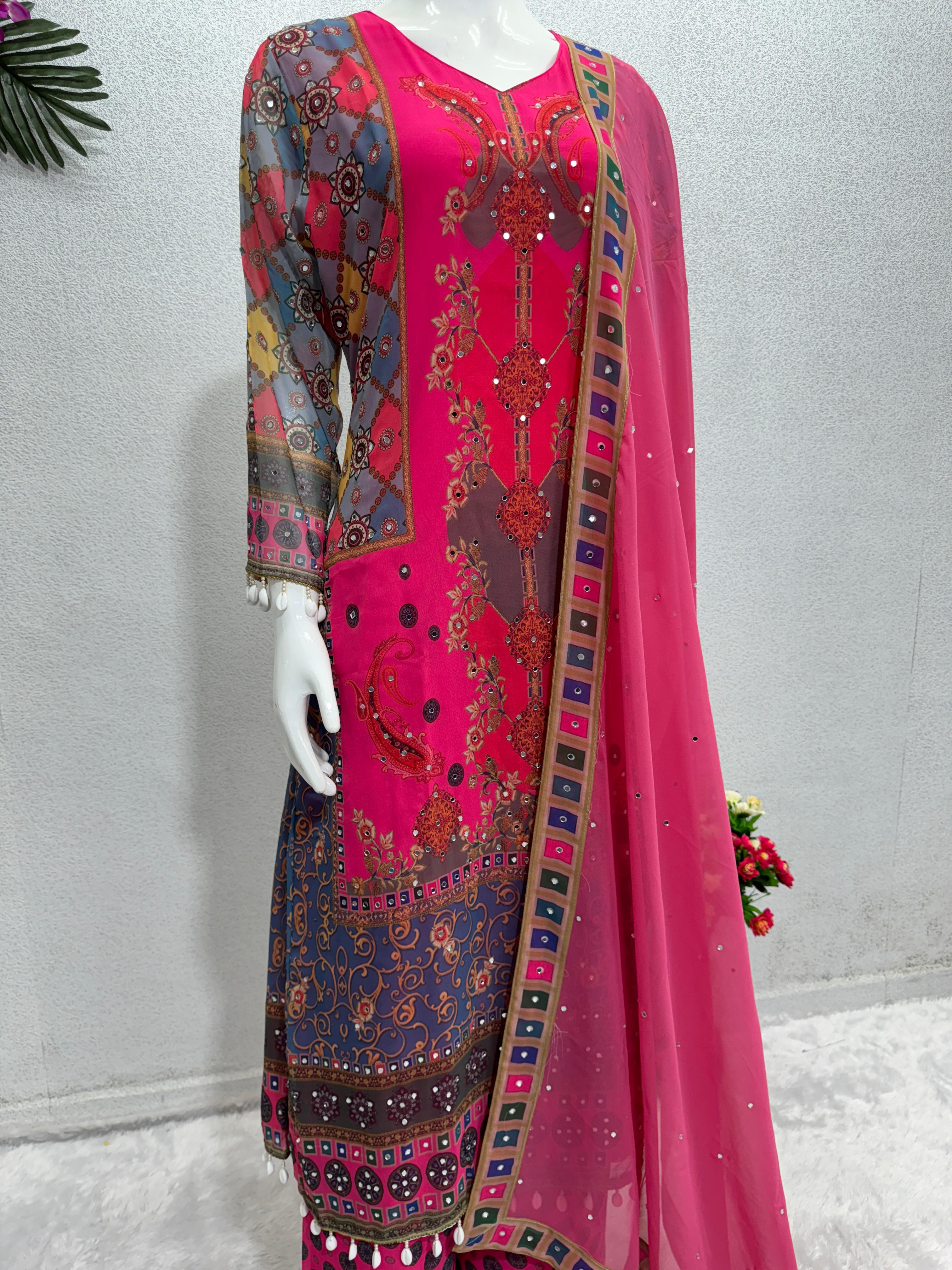 Fantastic Pink Color Multi Design Print Work Sharara Suit
