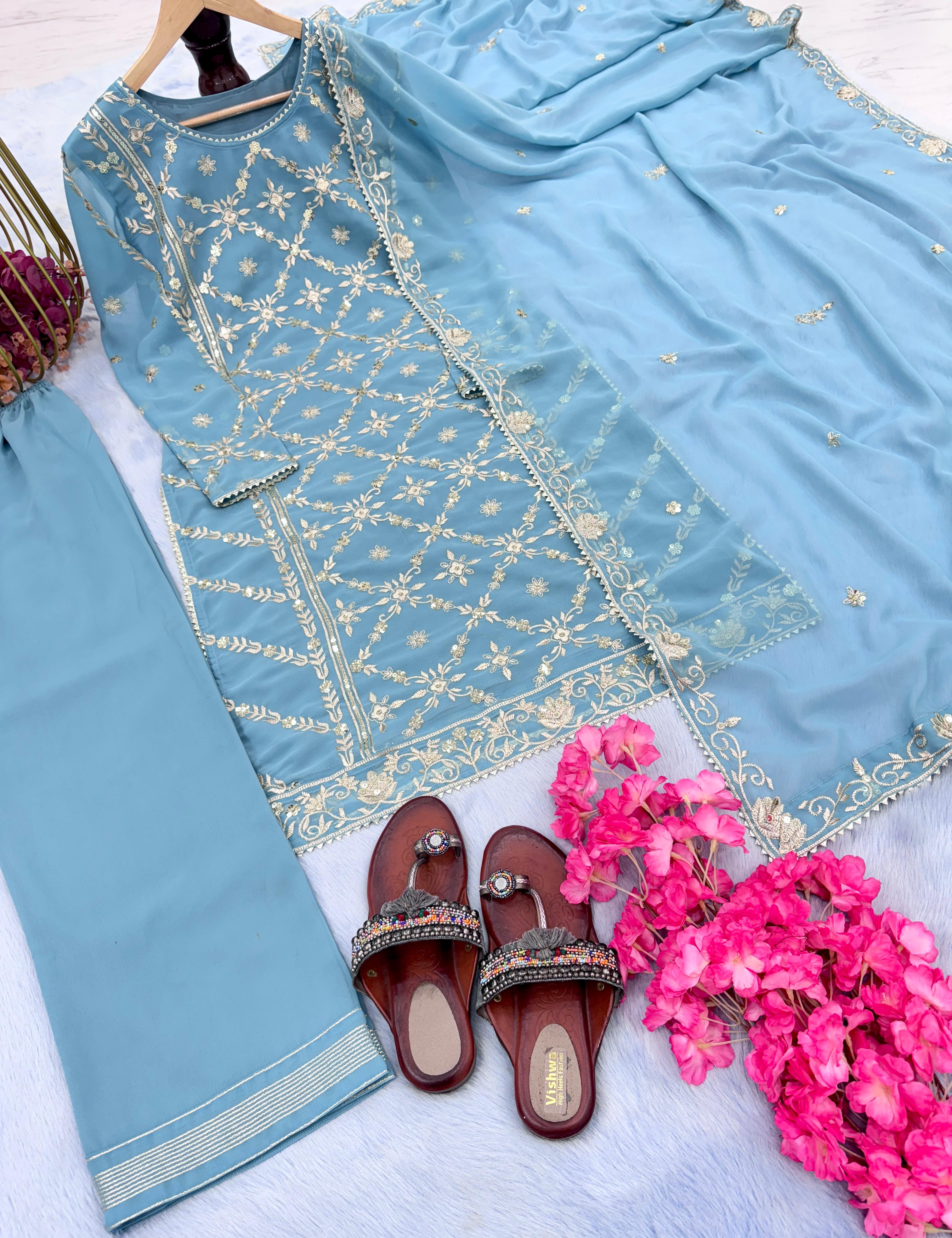 Trendy Sky Blue Color Embroidery Work Salwar Suit