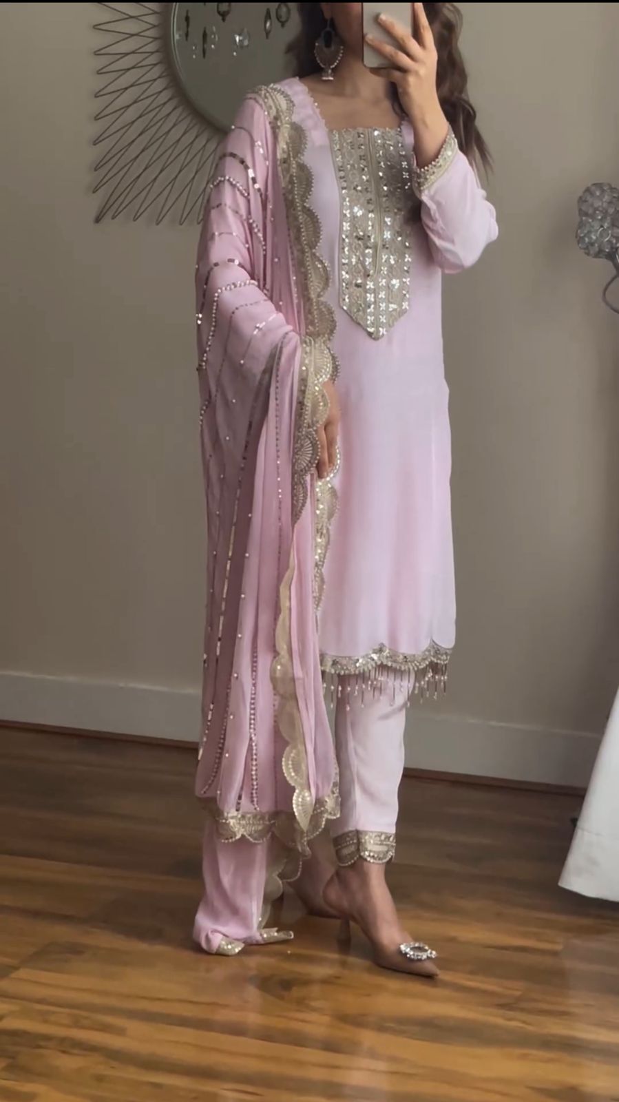 Opulent Embroidery Sequence Work Light Pink Salwar Suit