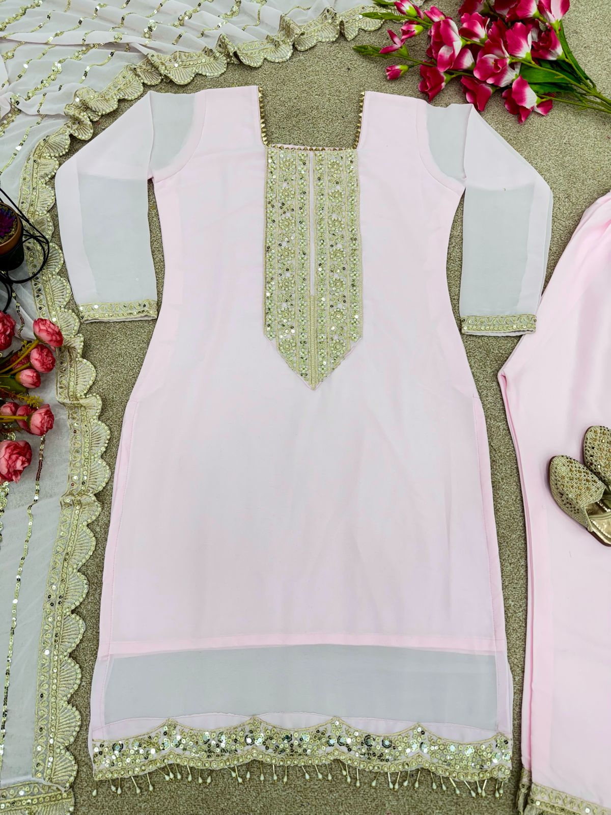 Opulent Embroidery Sequence Work Light Pink Salwar Suit