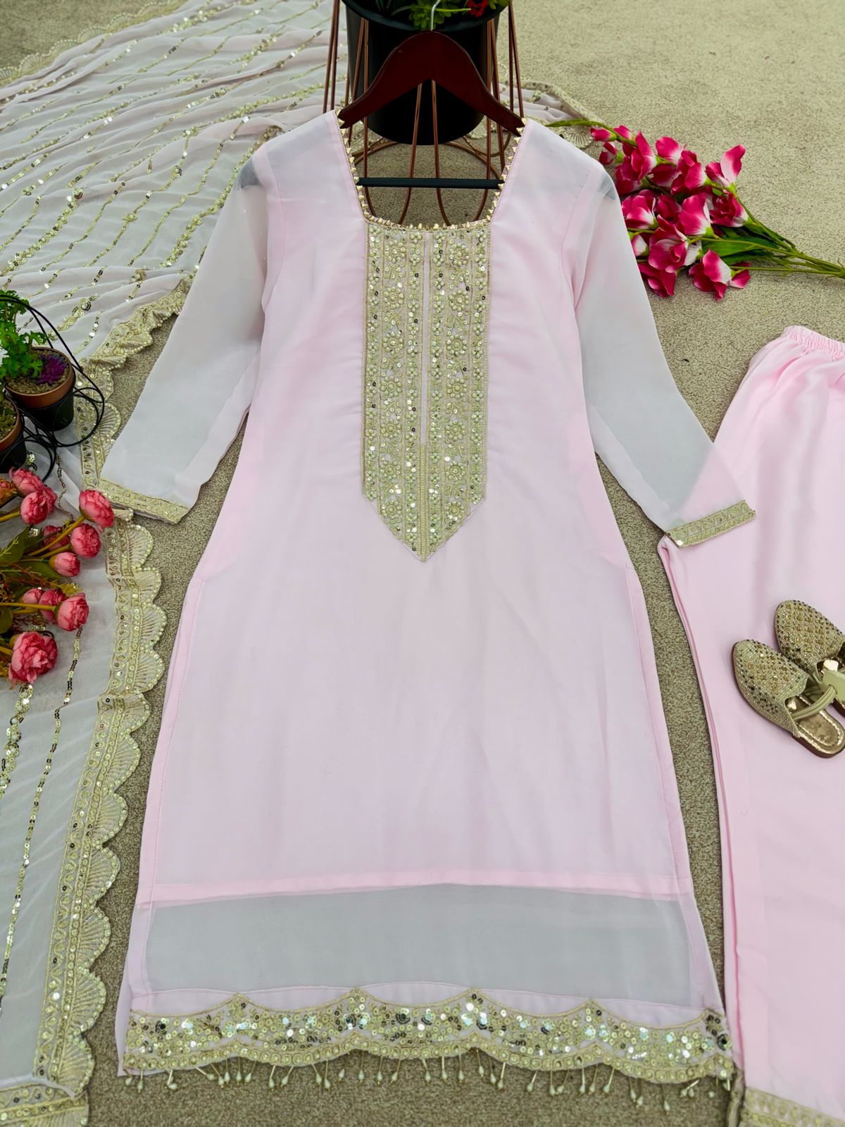 Opulent Embroidery Sequence Work Light Pink Salwar Suit