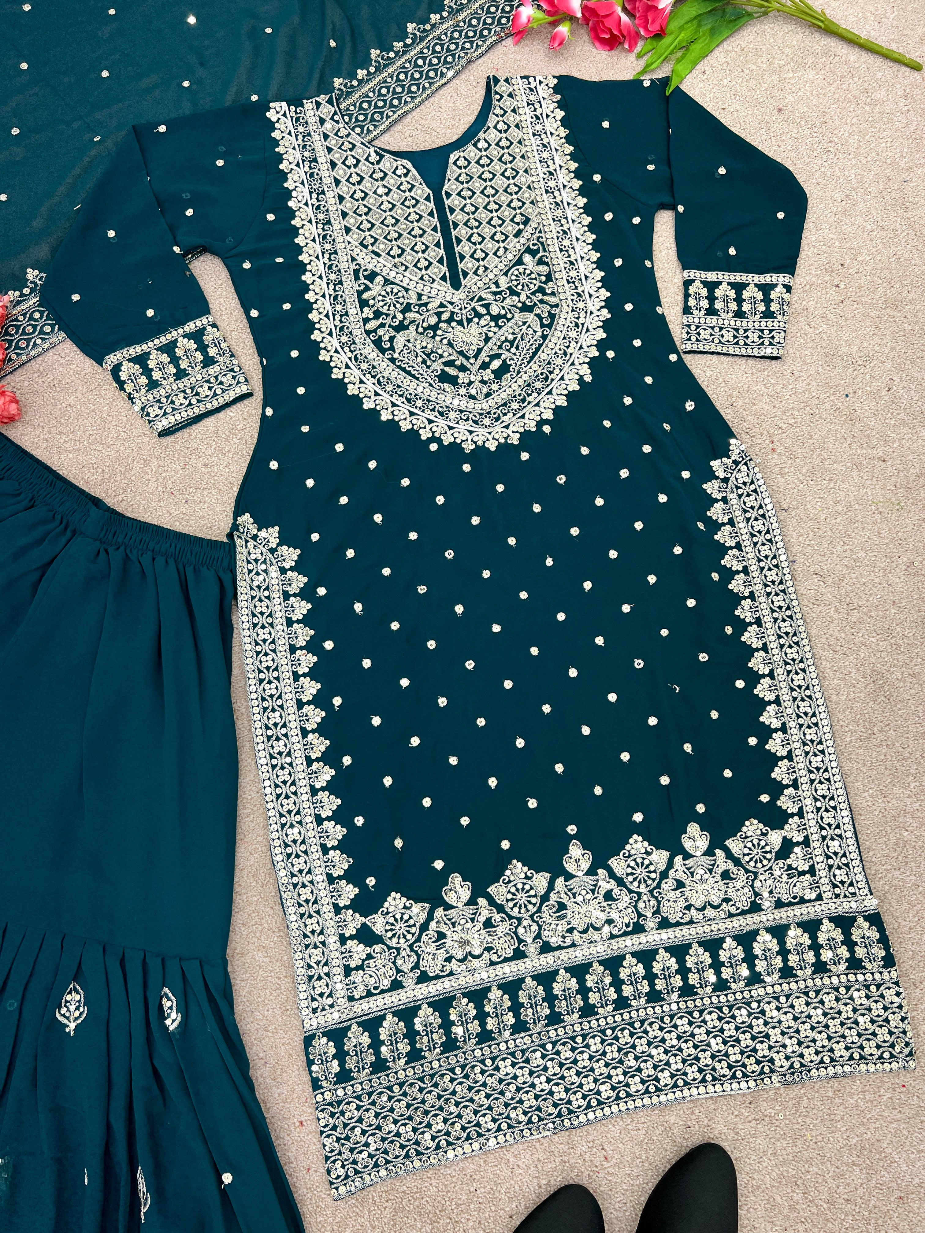 Stylish Teal Blue Color Sharara Suit With Shining Work