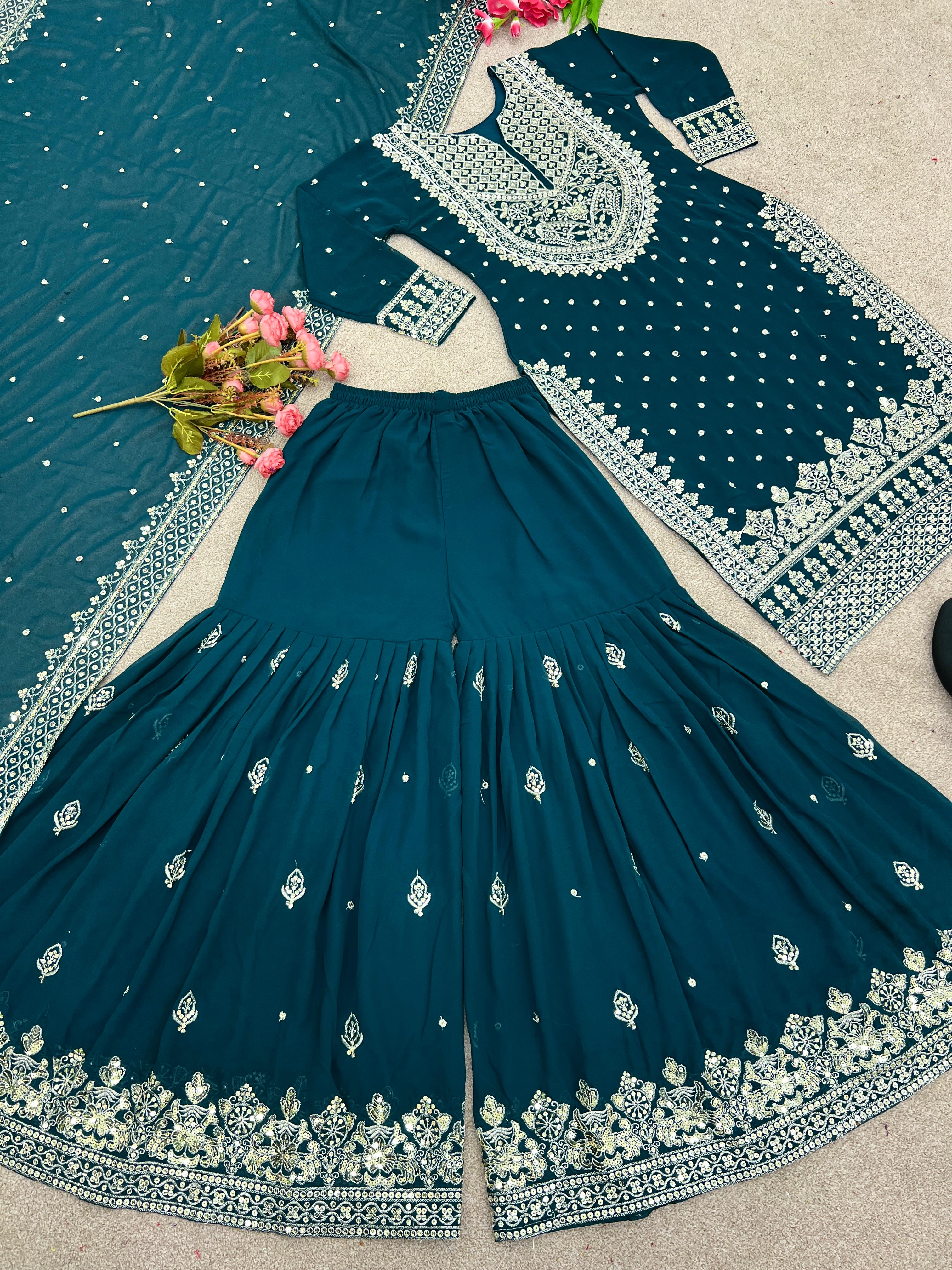 Stylish Teal Blue Color Sharara Suit With Shining Work