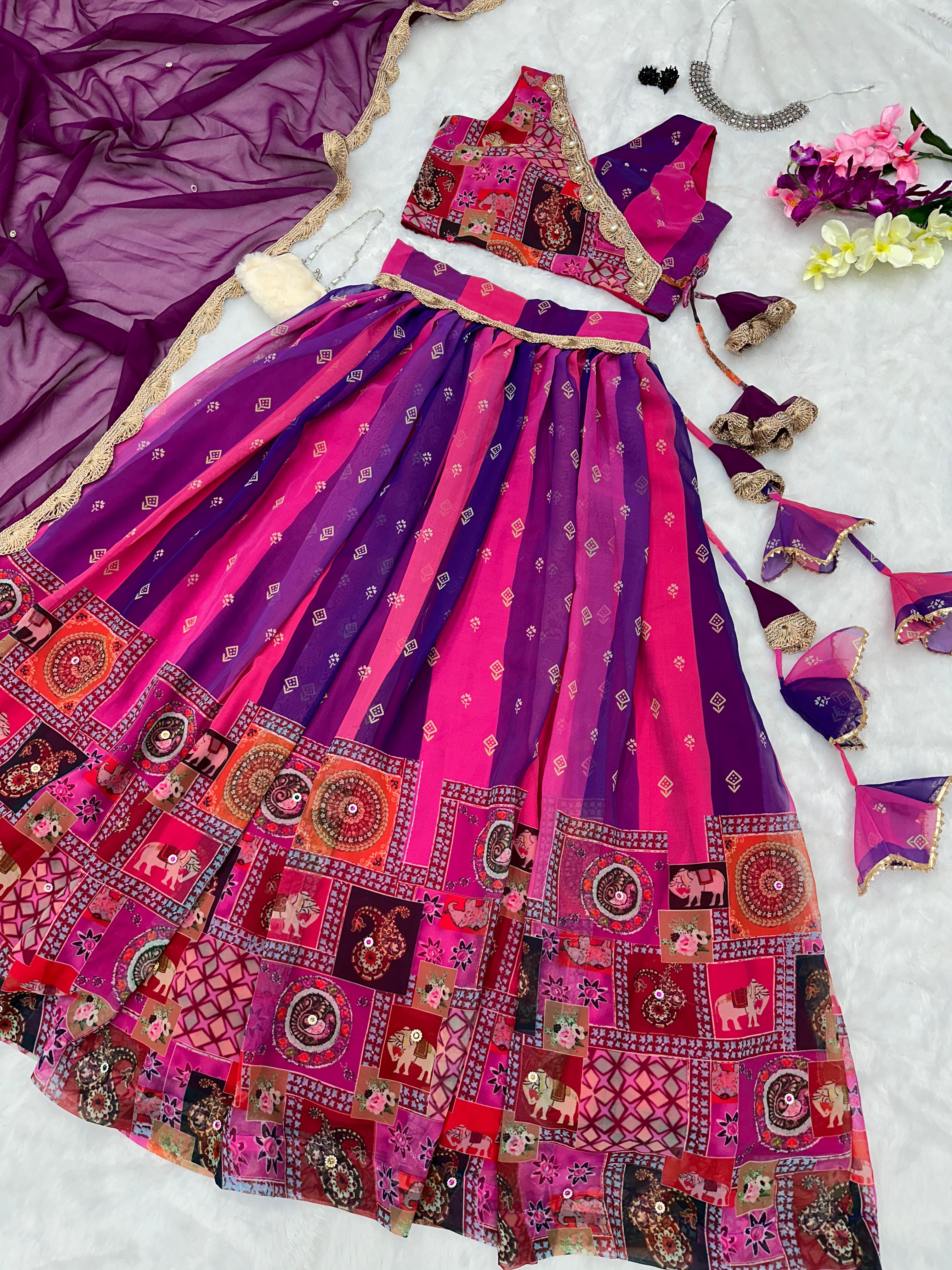 Stylish Purple And Pink Color Multi Design Lehenga Choli