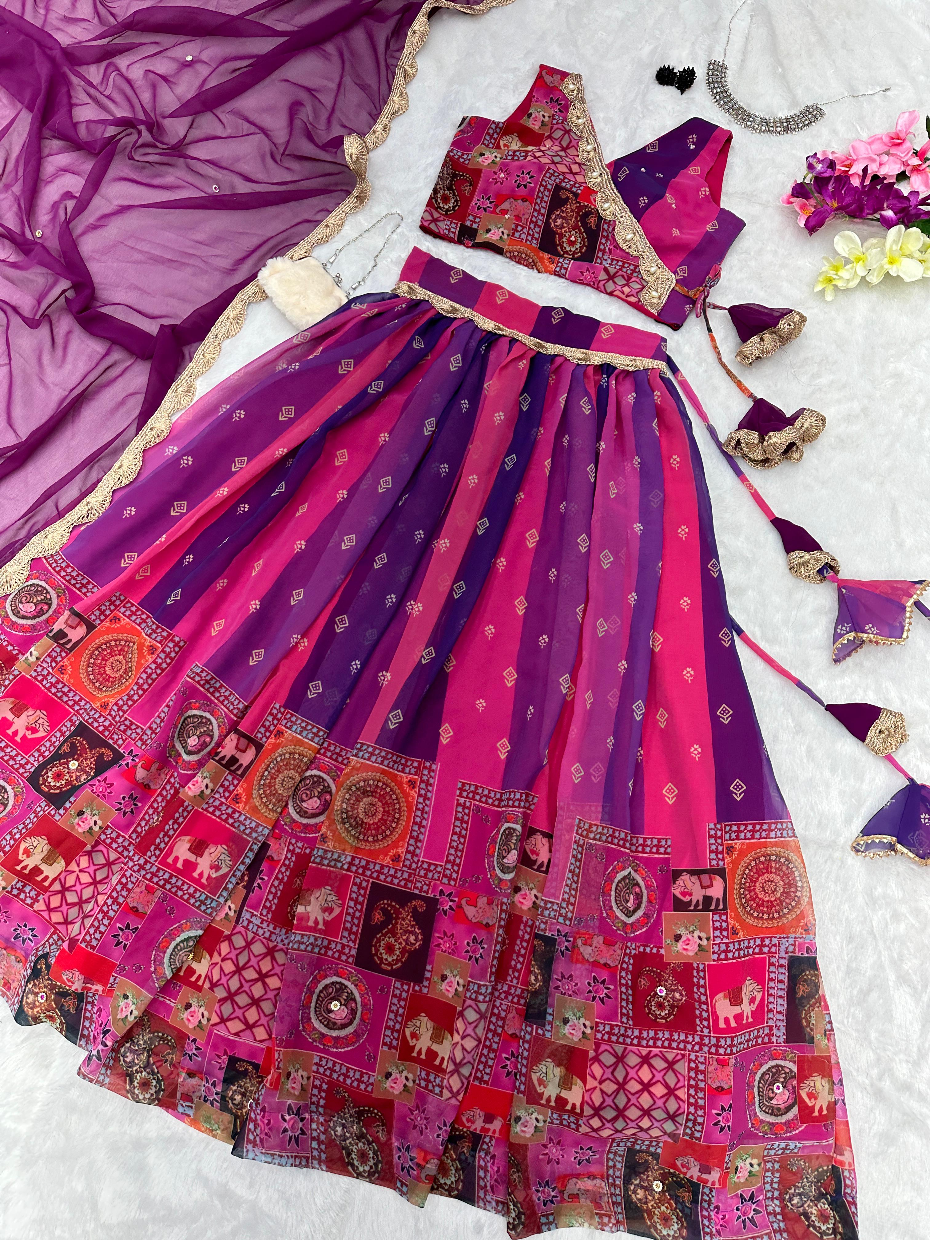 Stylish Purple And Pink Color Multi Design Lehenga Choli