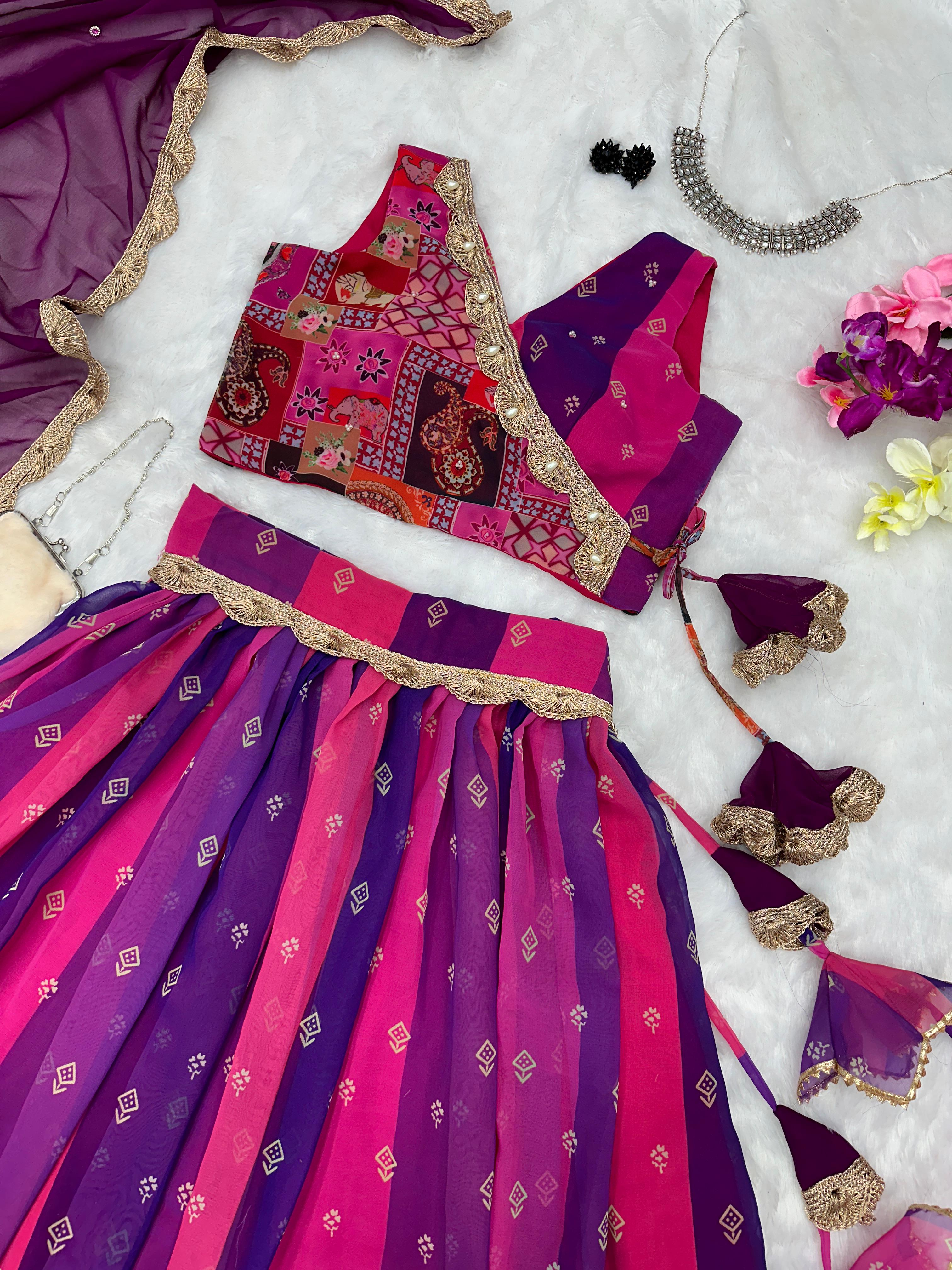 Stylish Purple And Pink Color Multi Design Lehenga Choli