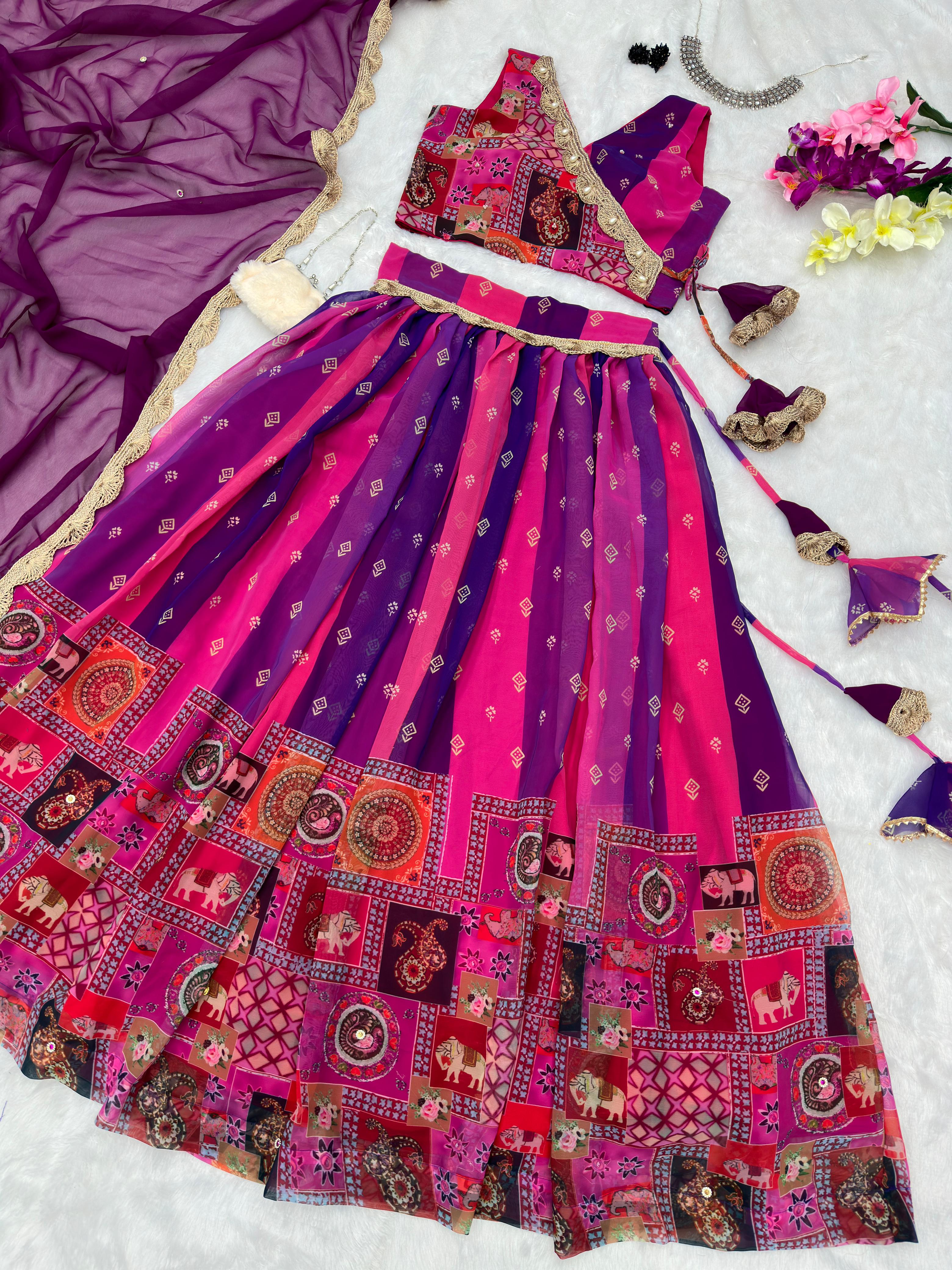 Stylish Purple And Pink Color Multi Design Lehenga Choli