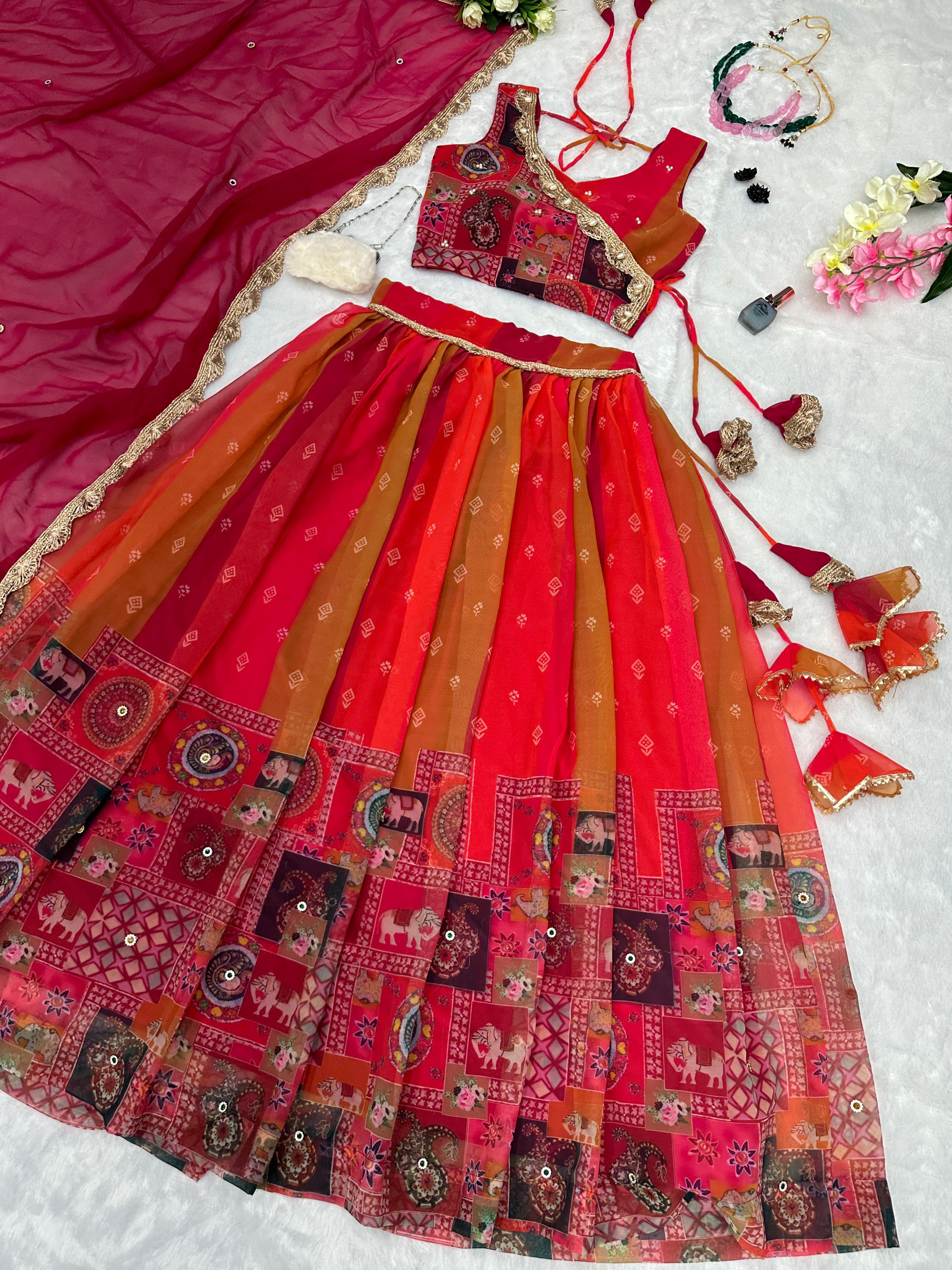 Stylish Mustered And Red Color Multi Design Lehenga Choli