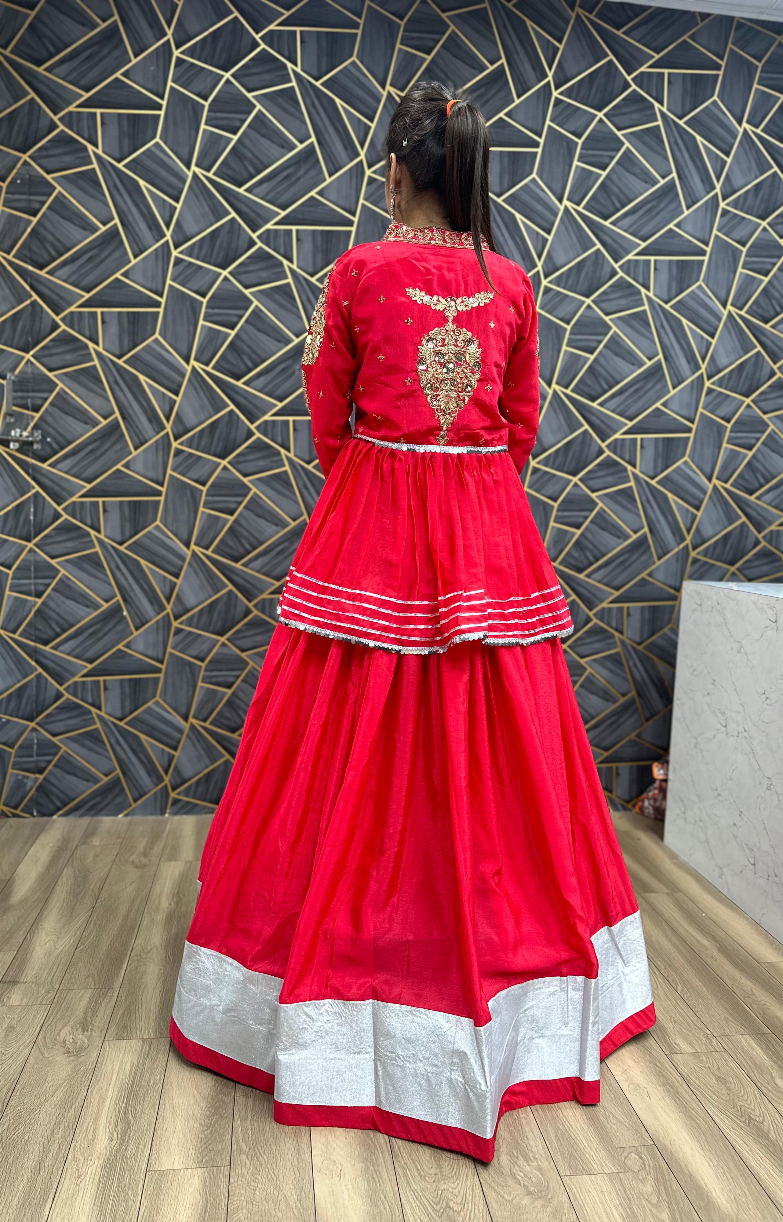 Ceremony Wear Thread Sequence Work Red Top With Lehenga