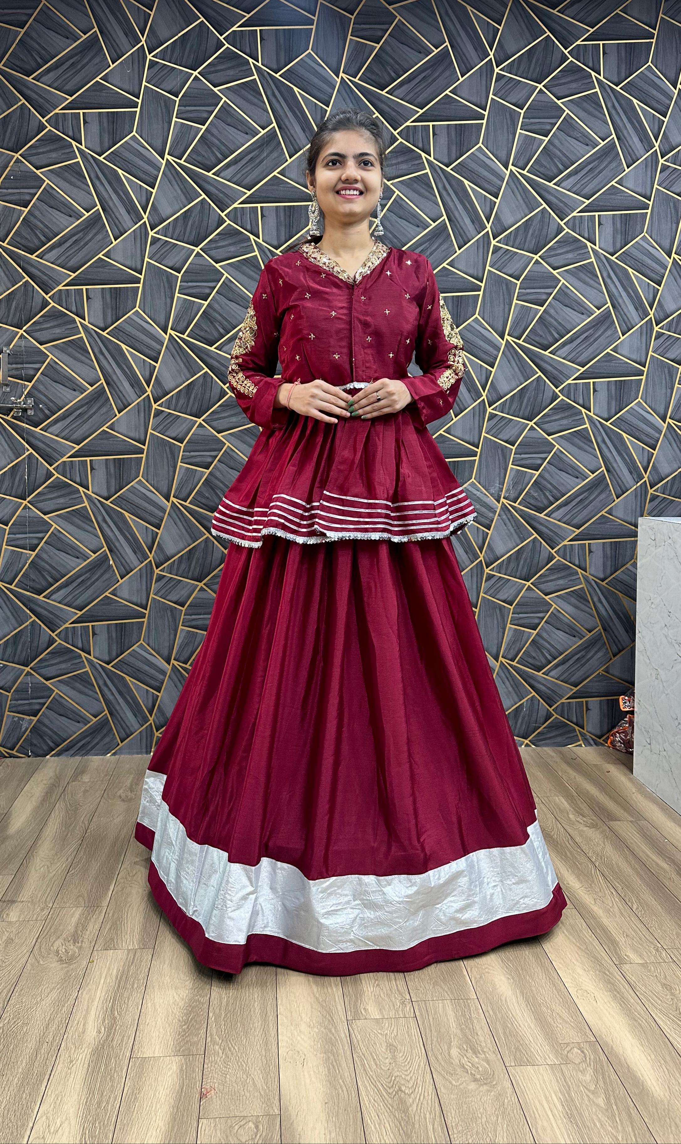 Ceremony Wear Thread Sequence Work Wine Top With Lehenga