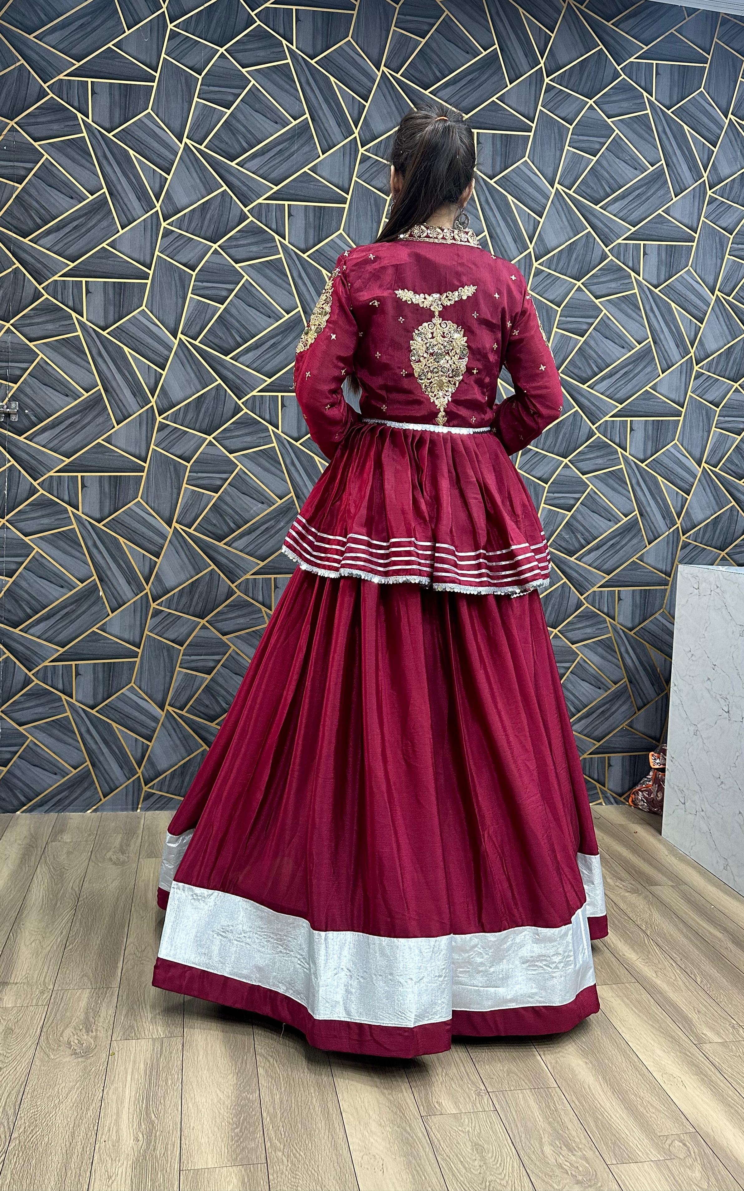 Ceremony Wear Thread Sequence Work Wine Top With Lehenga