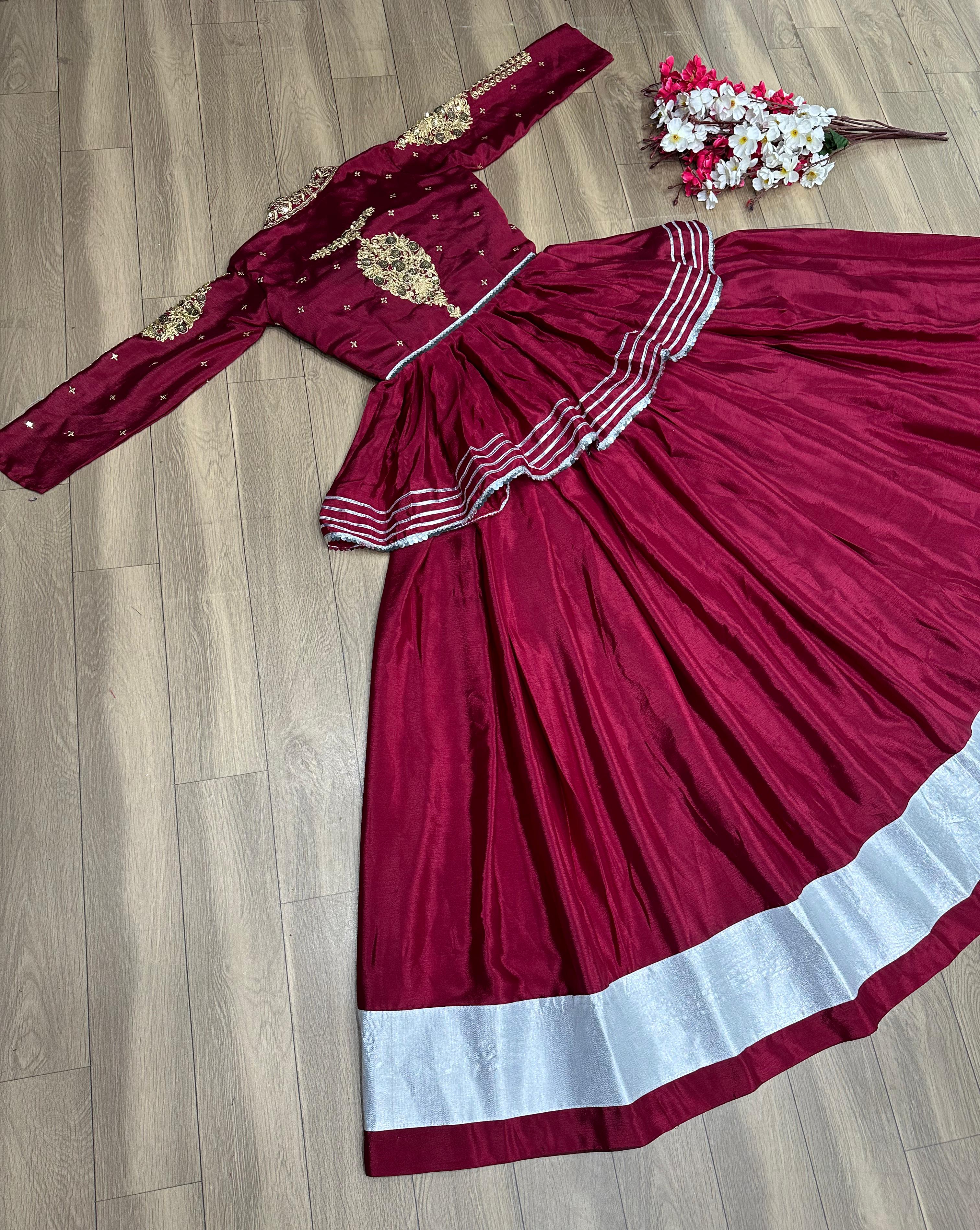 Ceremony Wear Thread Sequence Work Wine Top With Lehenga