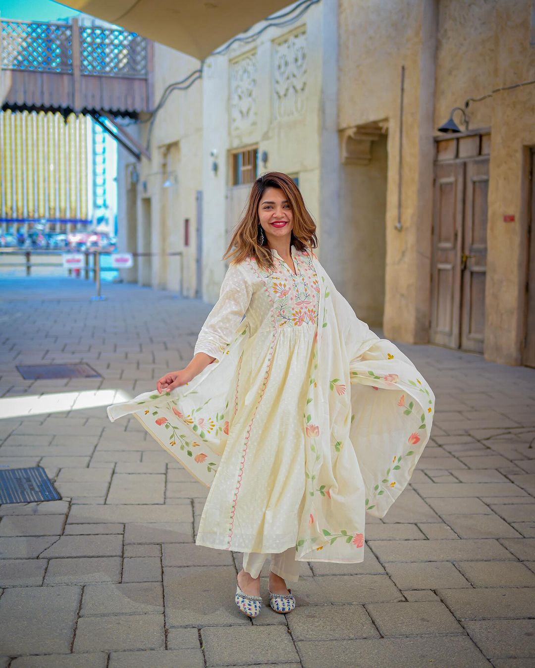 Stunning White Color Multi Thread Work Kurti Set