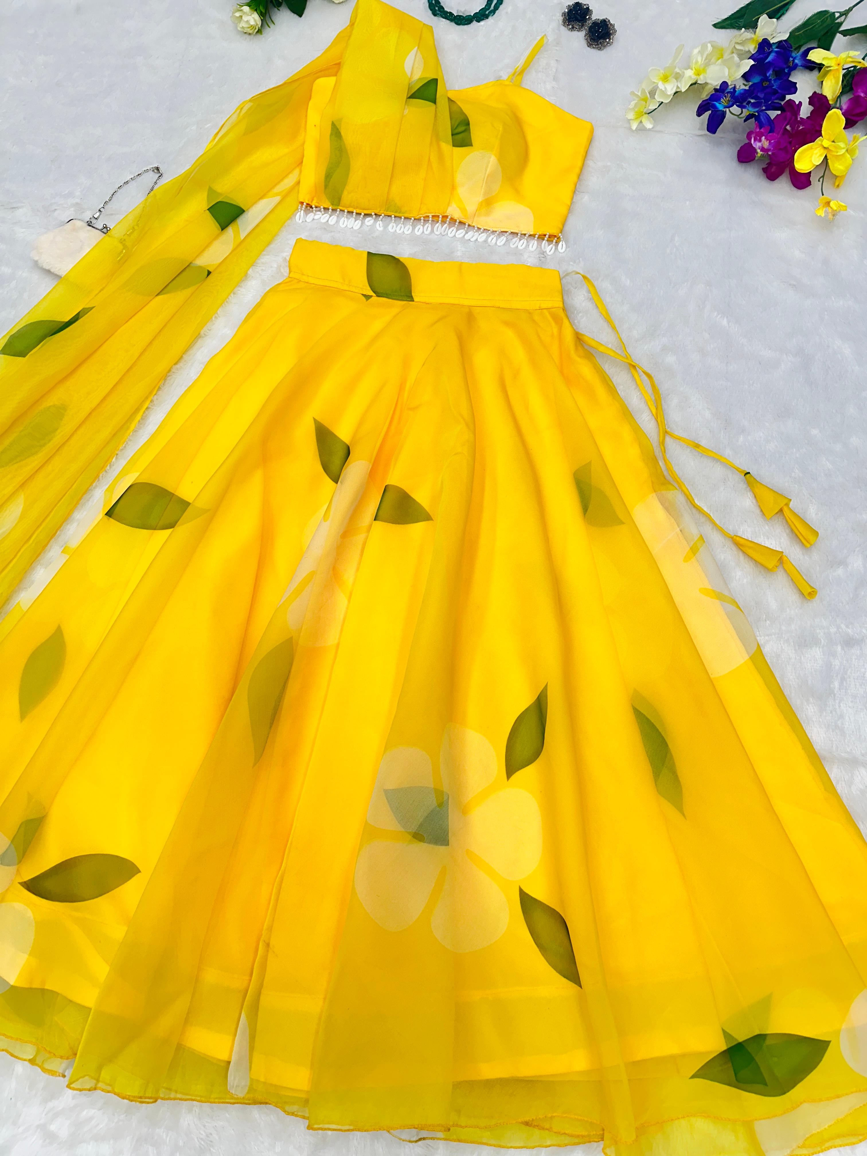 Haldi Wear Yellow Organza Lehenga And Blouse With Attach Dupatta