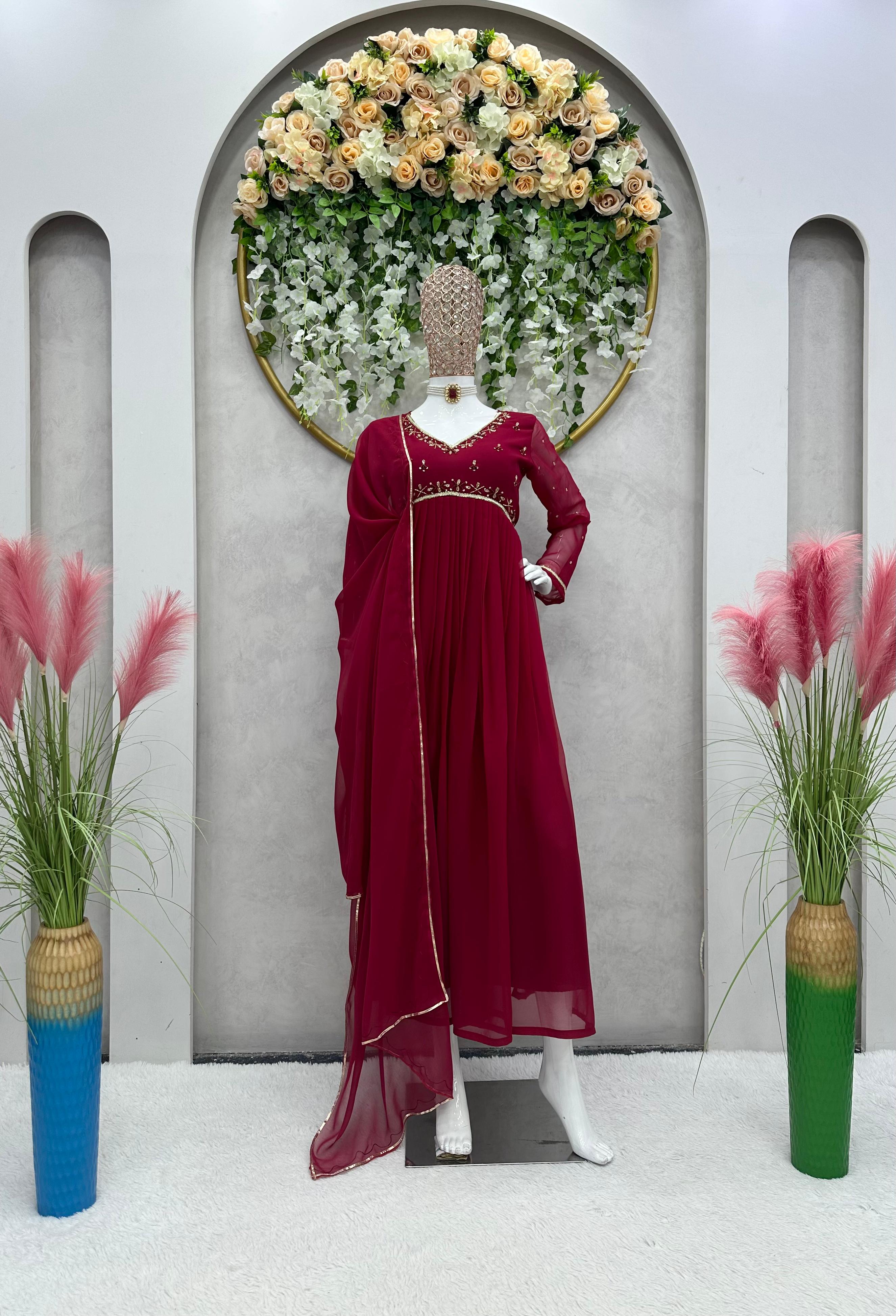 Beautiful Maroon Color Hand Work Gown