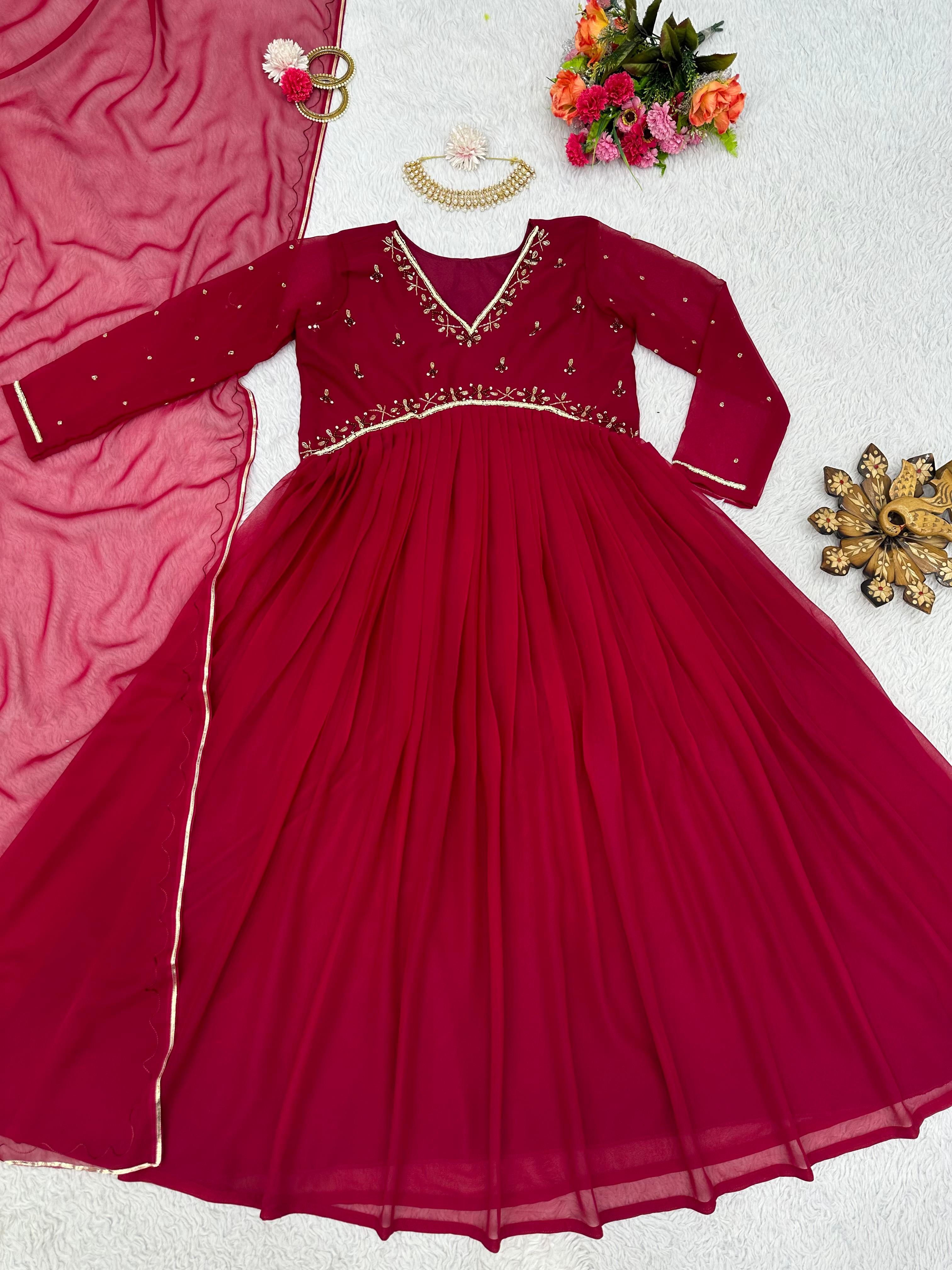 Beautiful Maroon Color Hand Work Gown