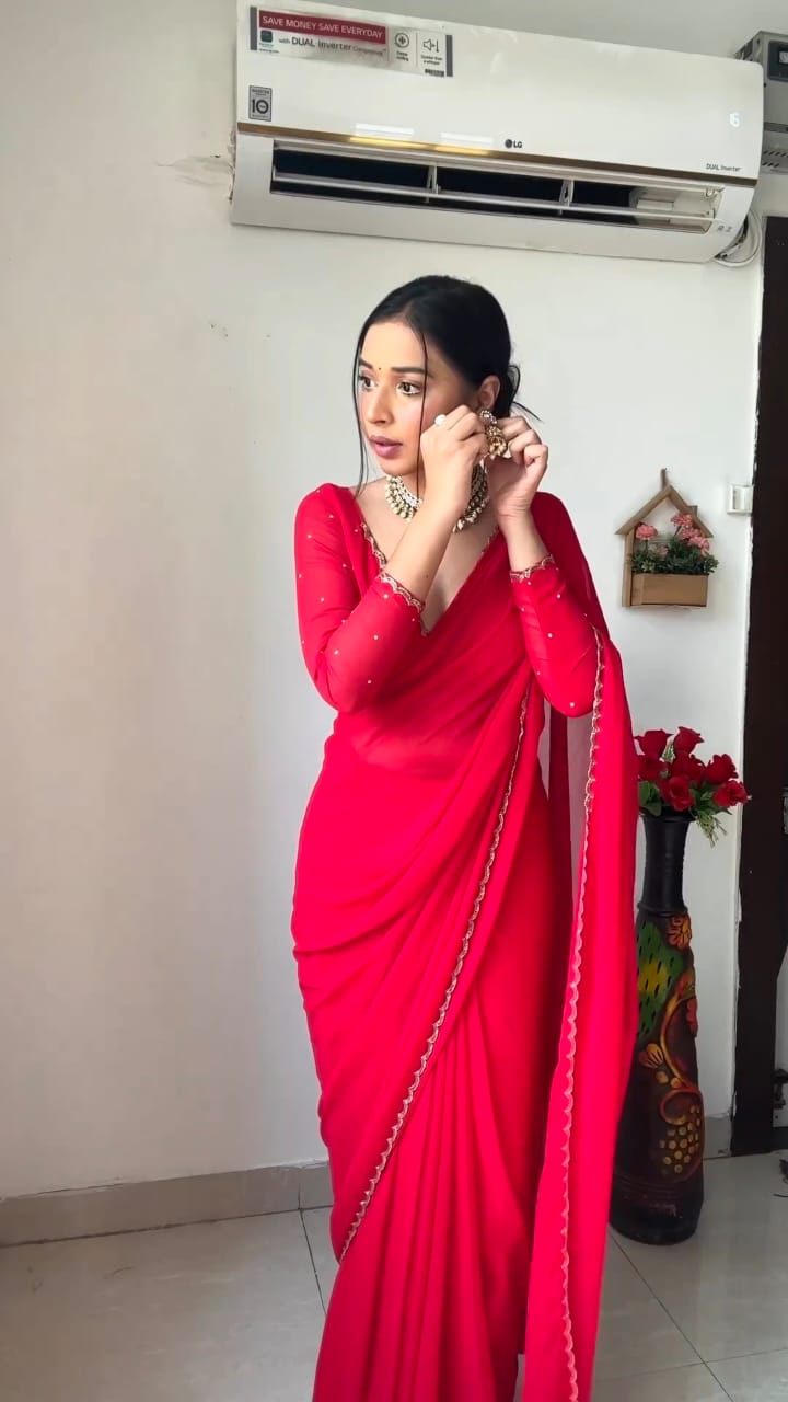 Outstanding Ready To Wear Red Color Handwork Border Saree