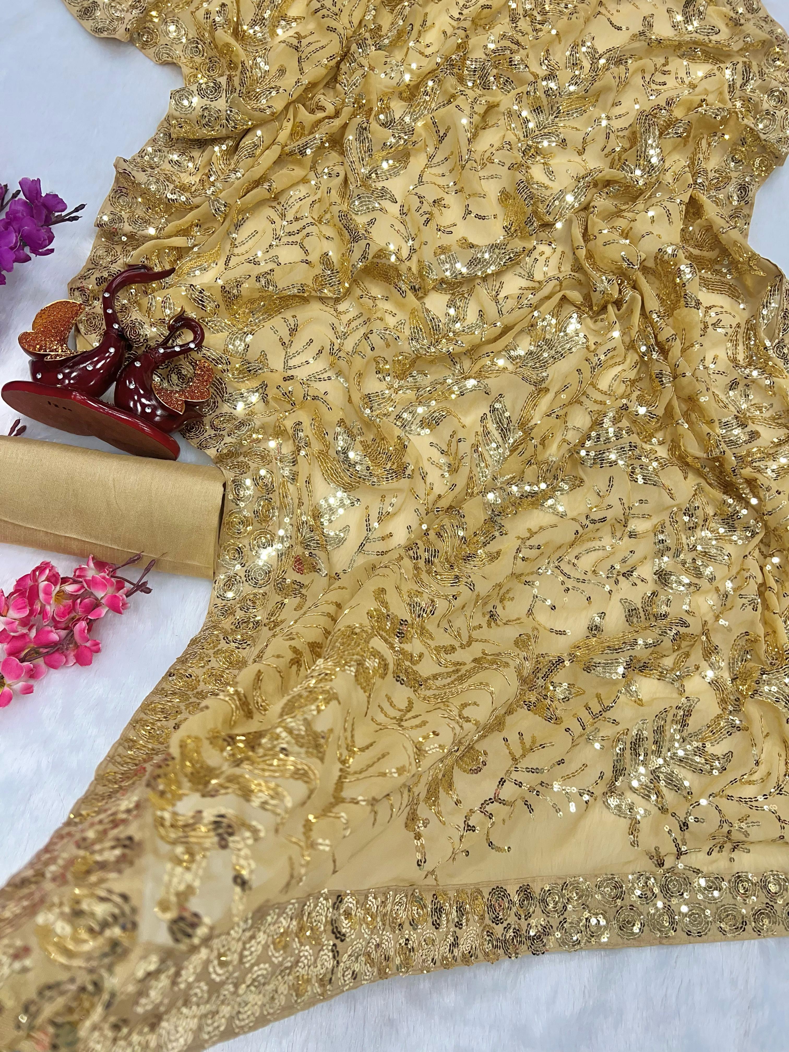 Captivating Sequence Work Beige Color Saree