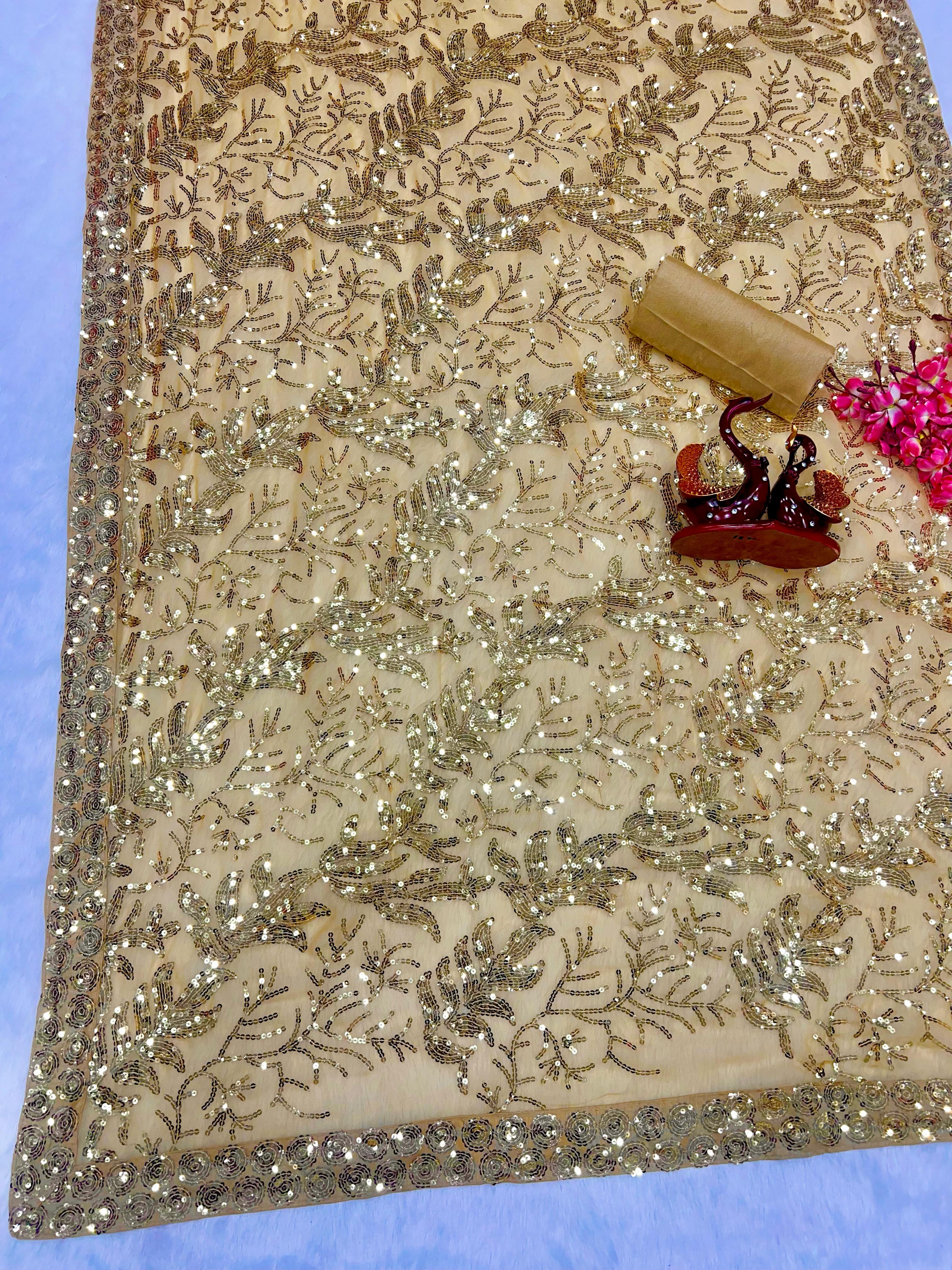 Captivating Sequence Work Beige Color Saree
