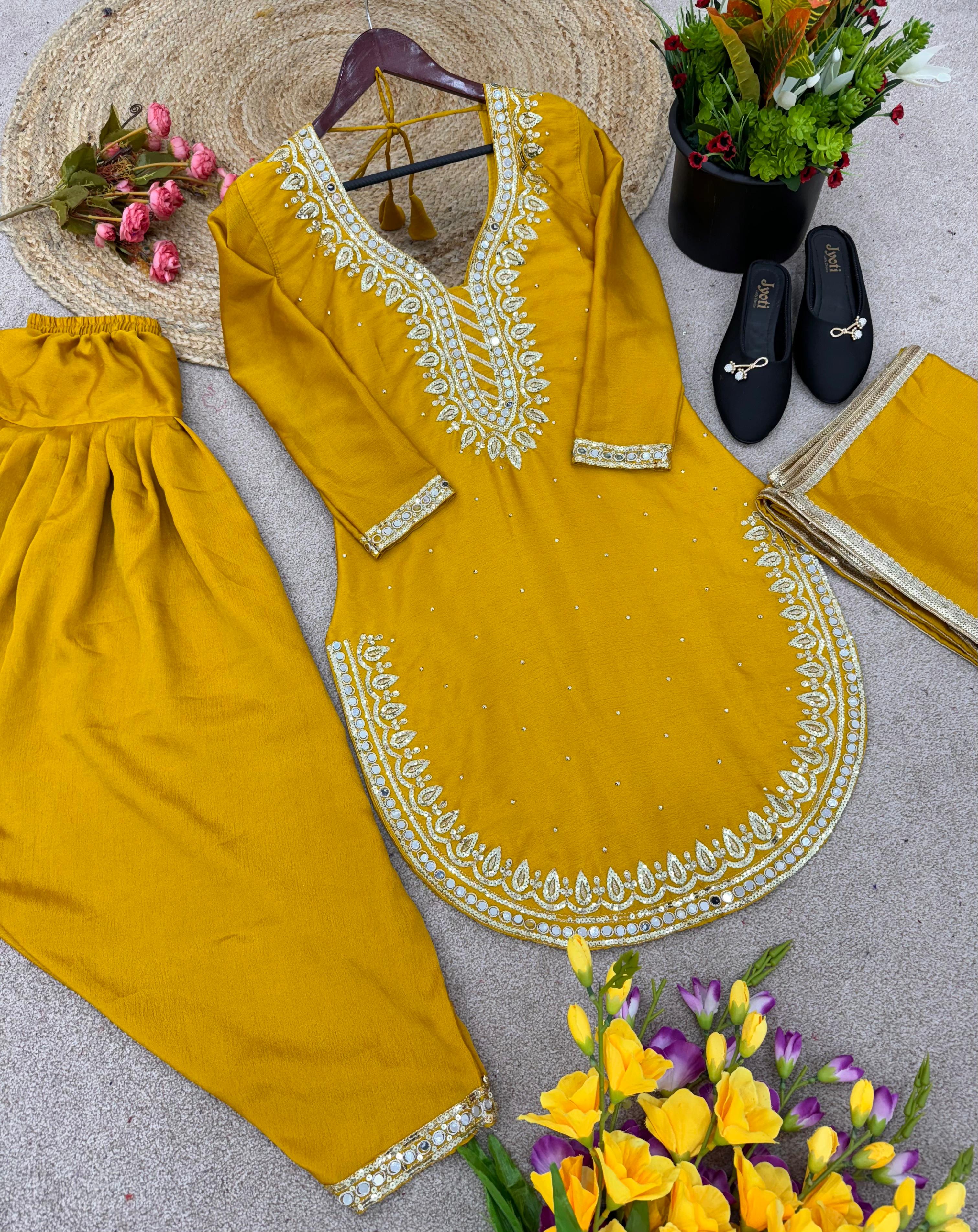 Round Cut Yellow Color Mirror Work Top With Dhoti