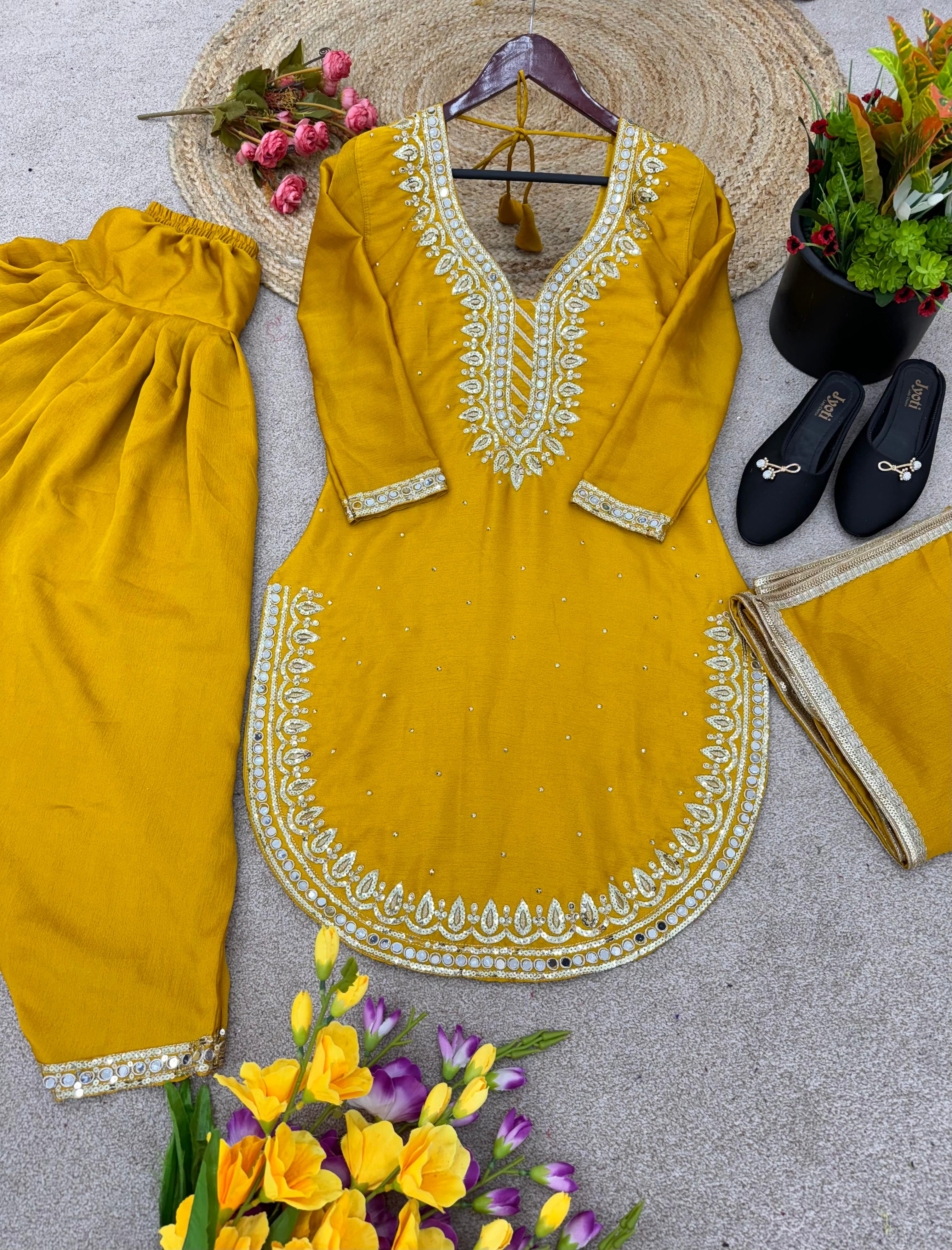 Round Cut Yellow Color Mirror Work Top With Dhoti