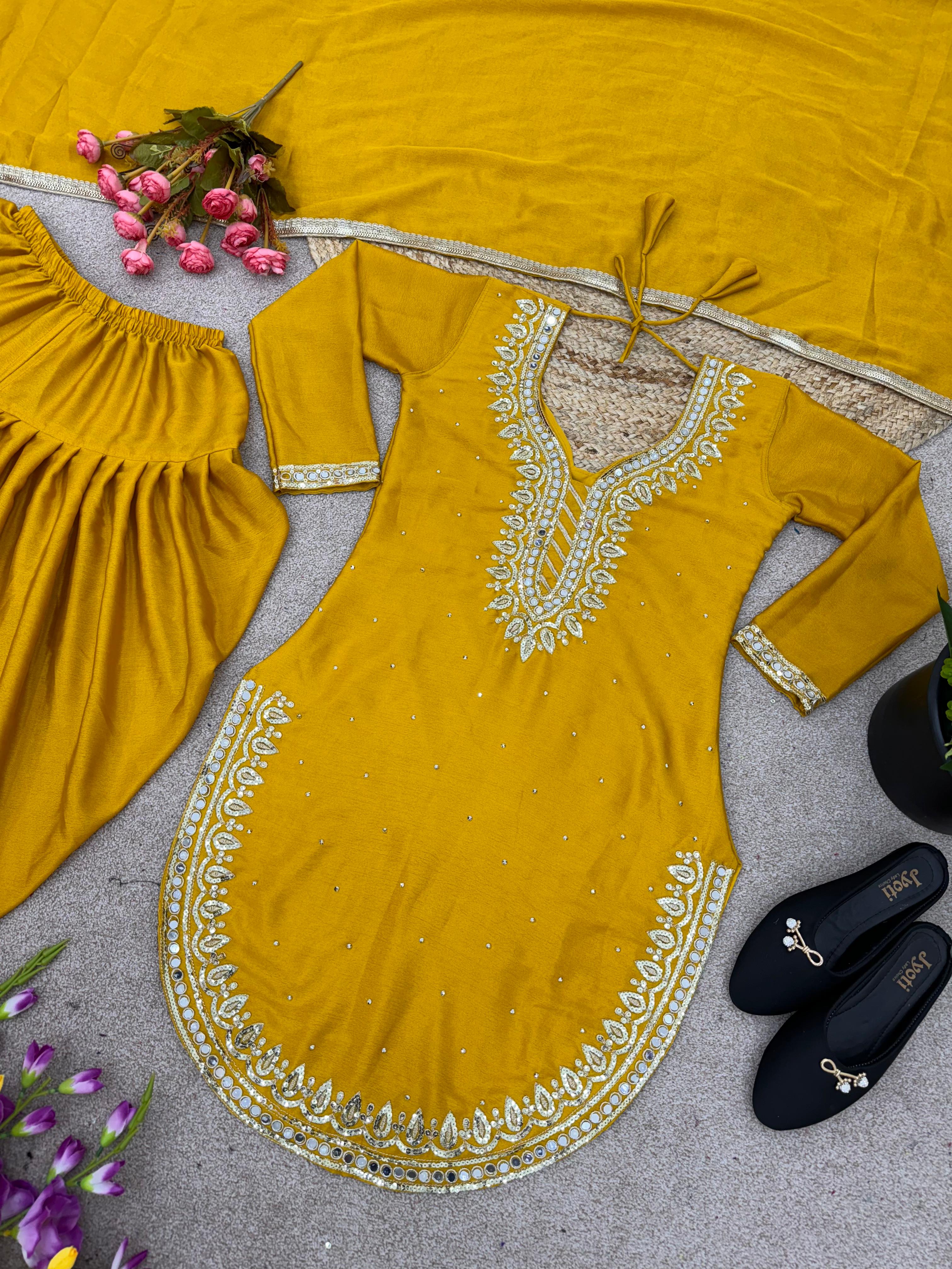 Round Cut Yellow Color Mirror Work Top With Dhoti