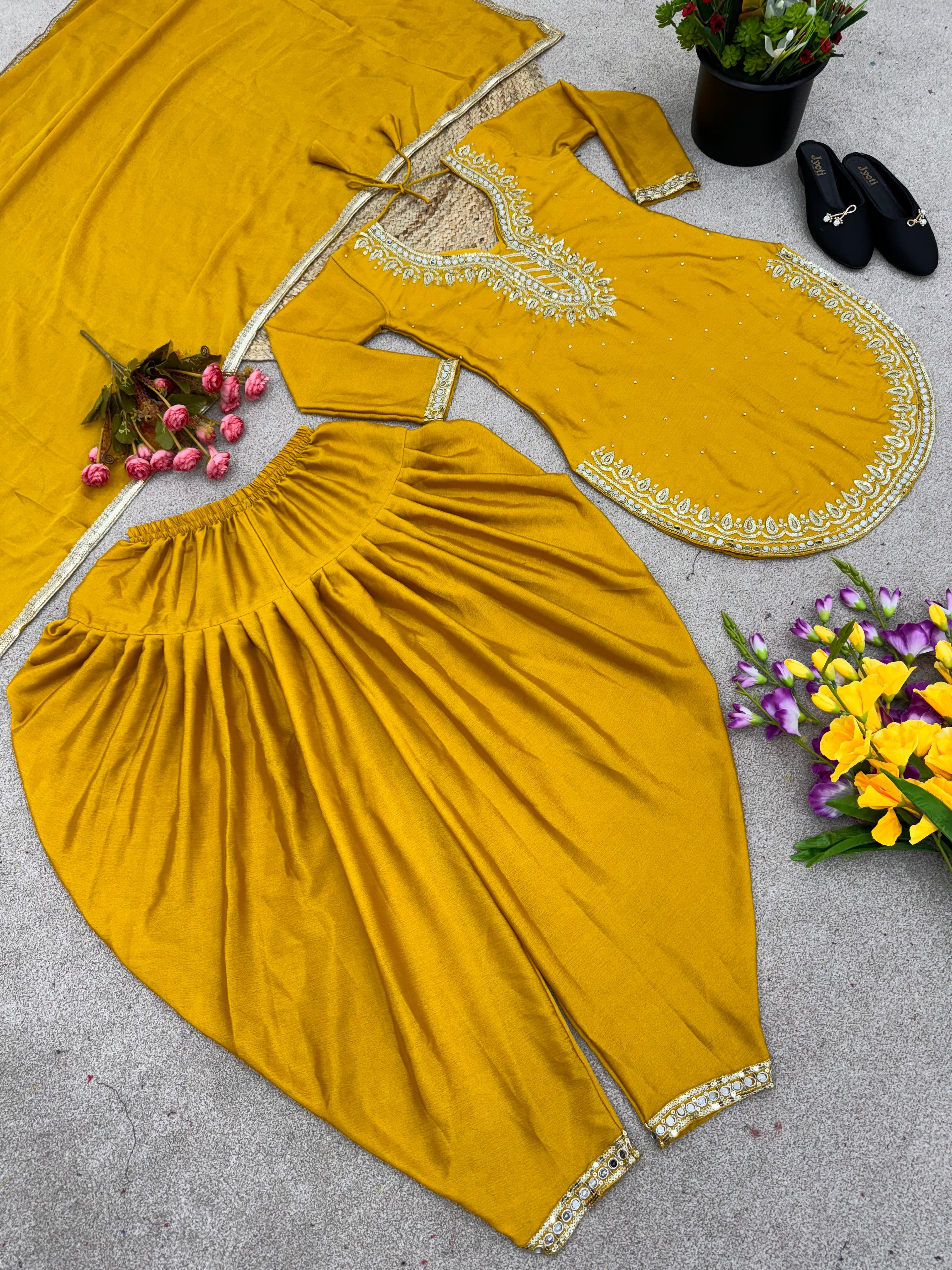 Round Cut Yellow Color Mirror Work Top With Dhoti