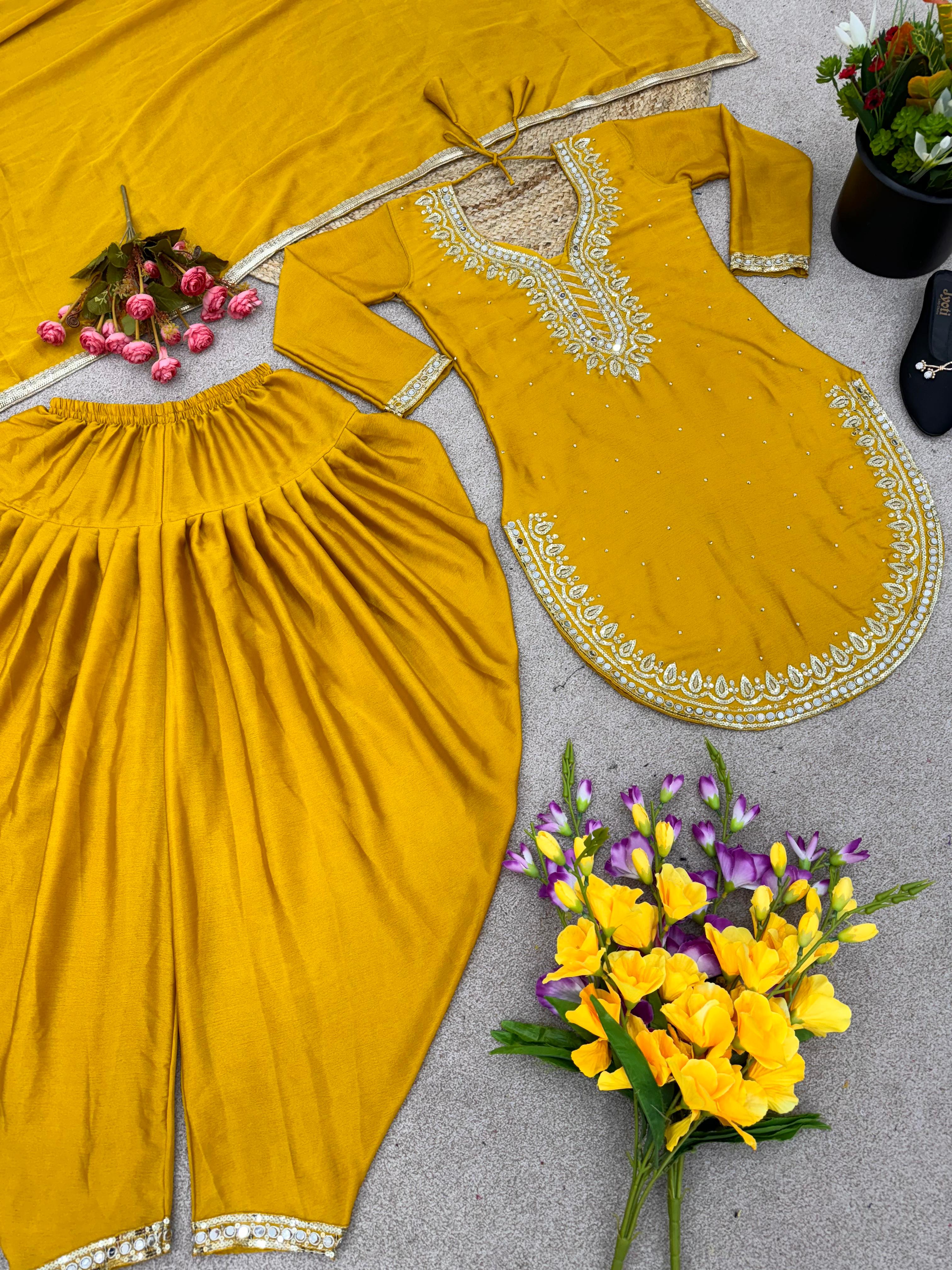 Round Cut Yellow Color Mirror Work Top With Dhoti