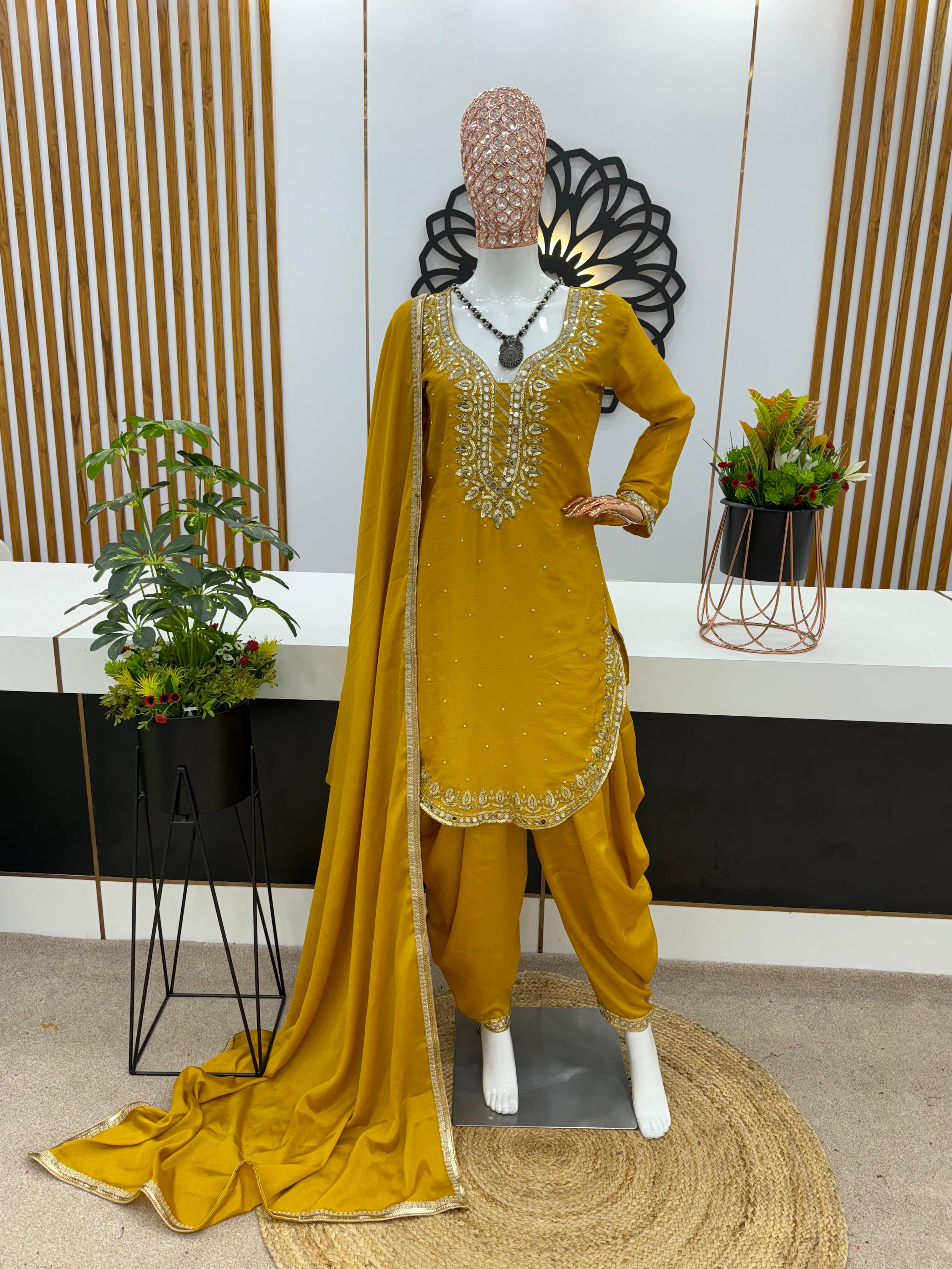 Round Cut Yellow Color Mirror Work Top With Dhoti