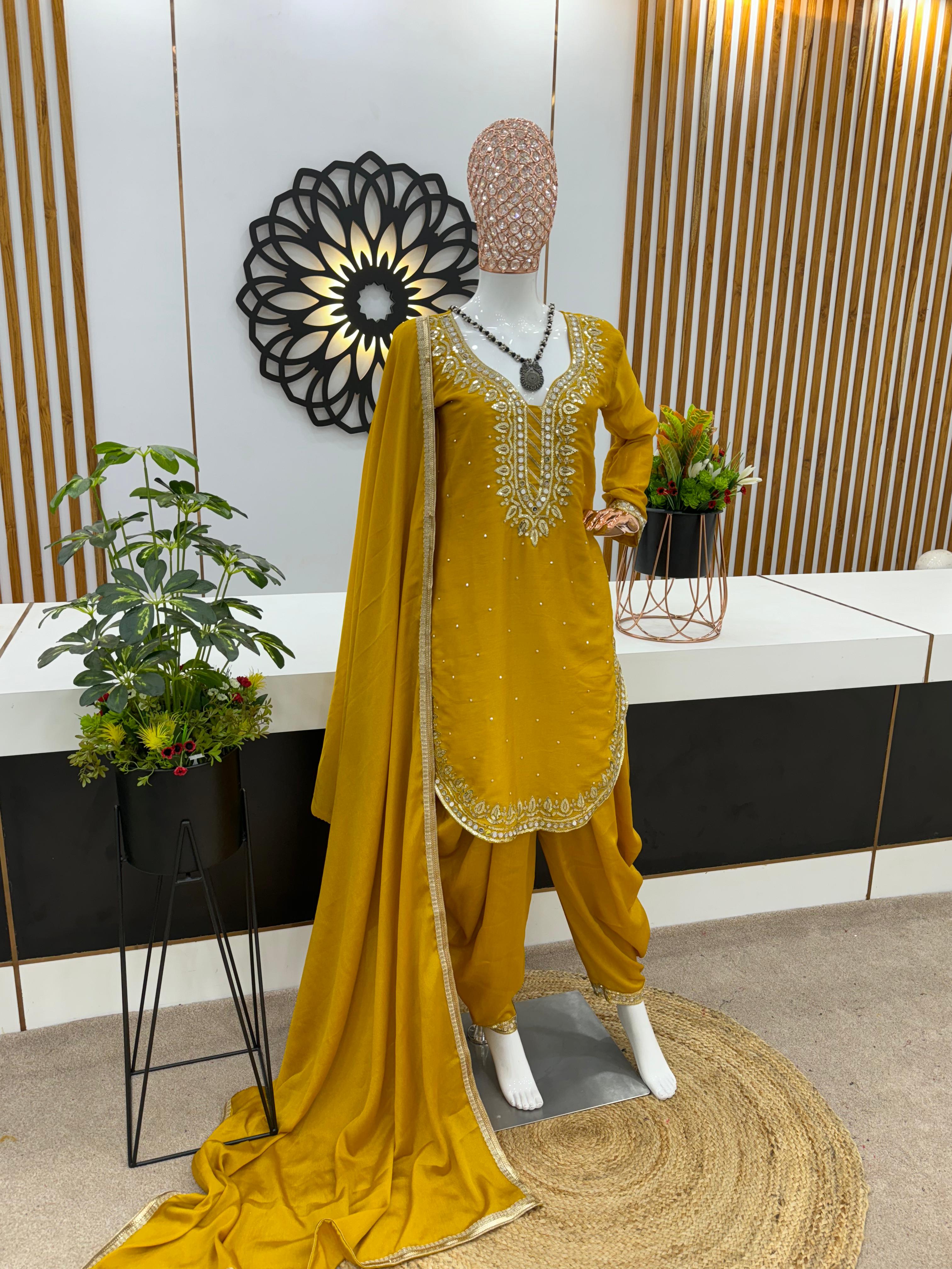 Round Cut Yellow Color Mirror Work Top With Dhoti