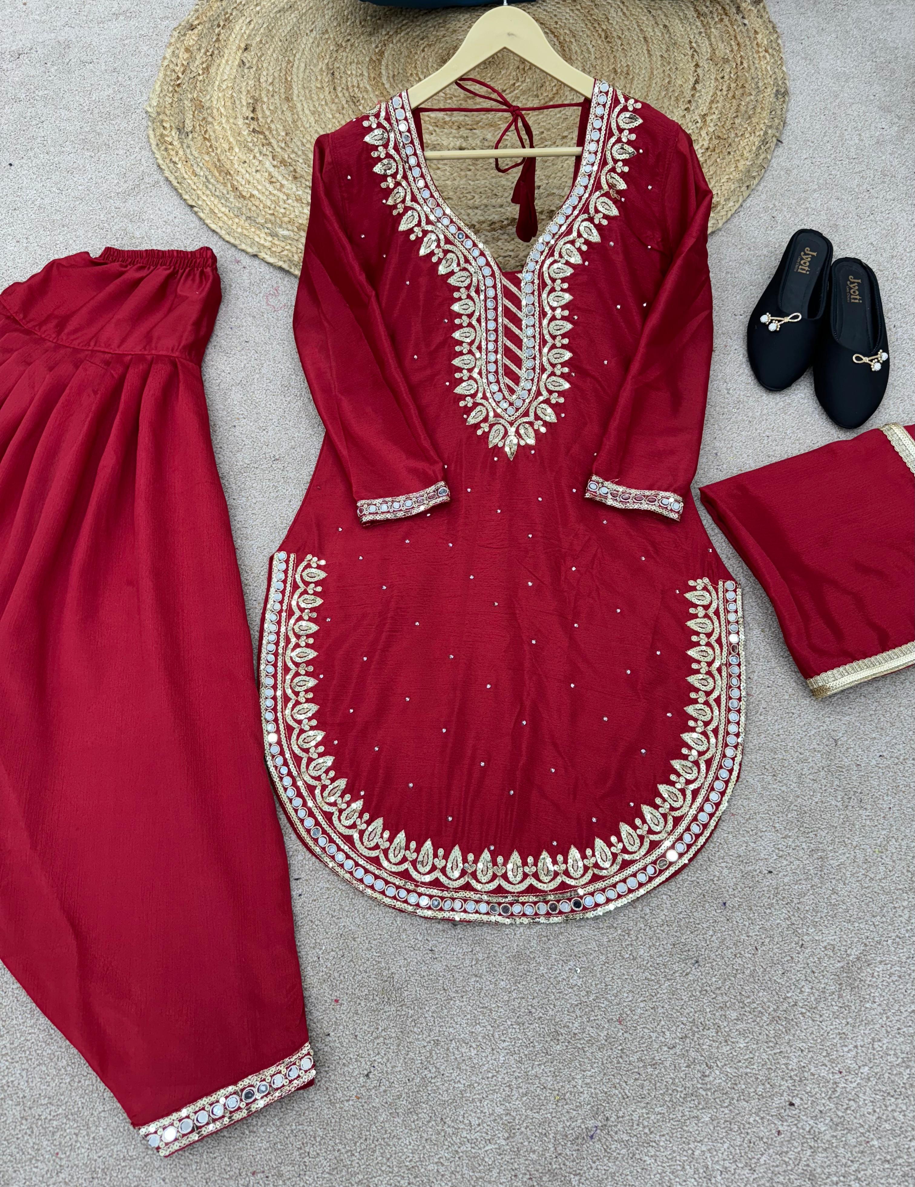 Round Cut Maroon Color Mirror Work Top With Dhoti