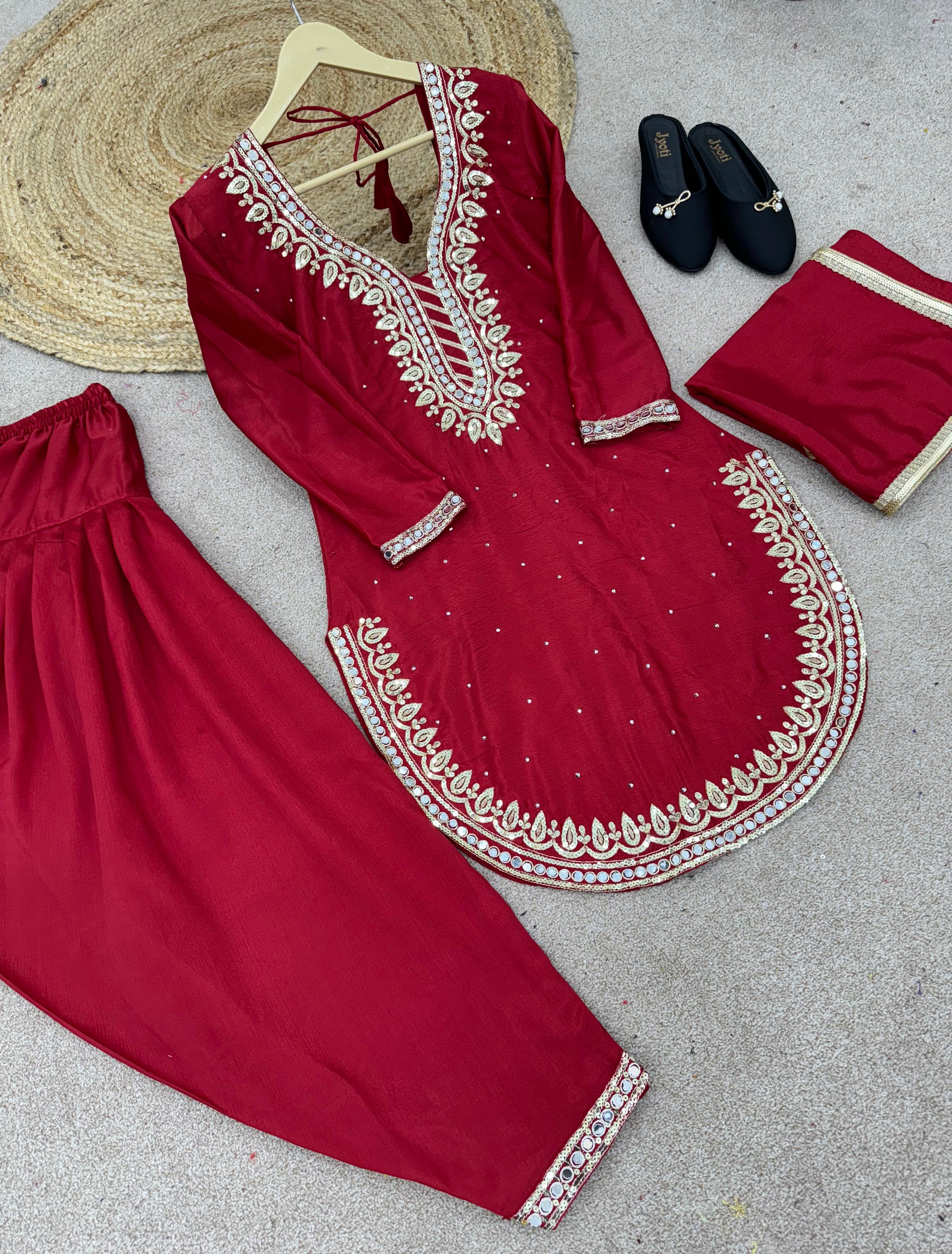 Round Cut Maroon Color Mirror Work Top With Dhoti