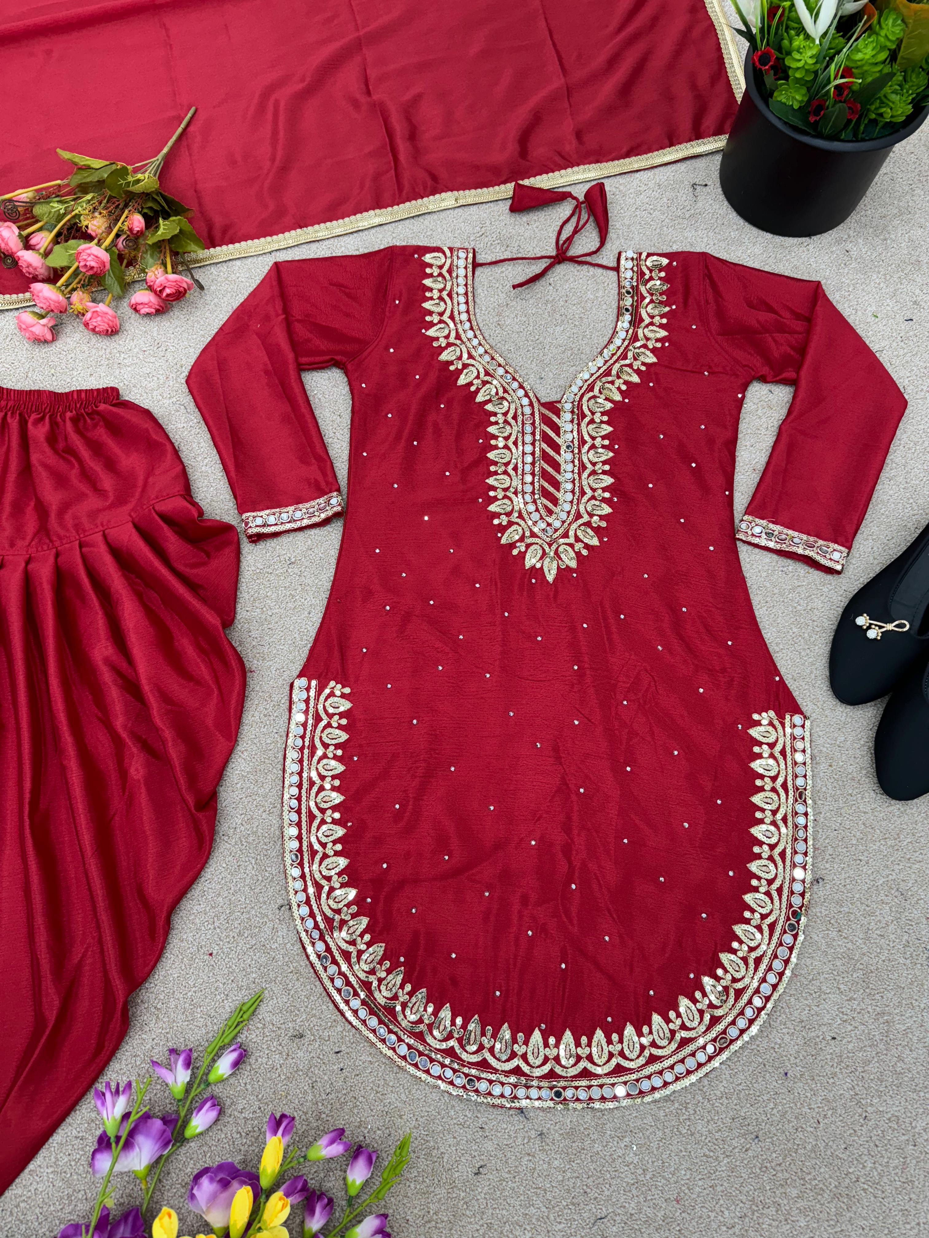 Round Cut Maroon Color Mirror Work Top With Dhoti