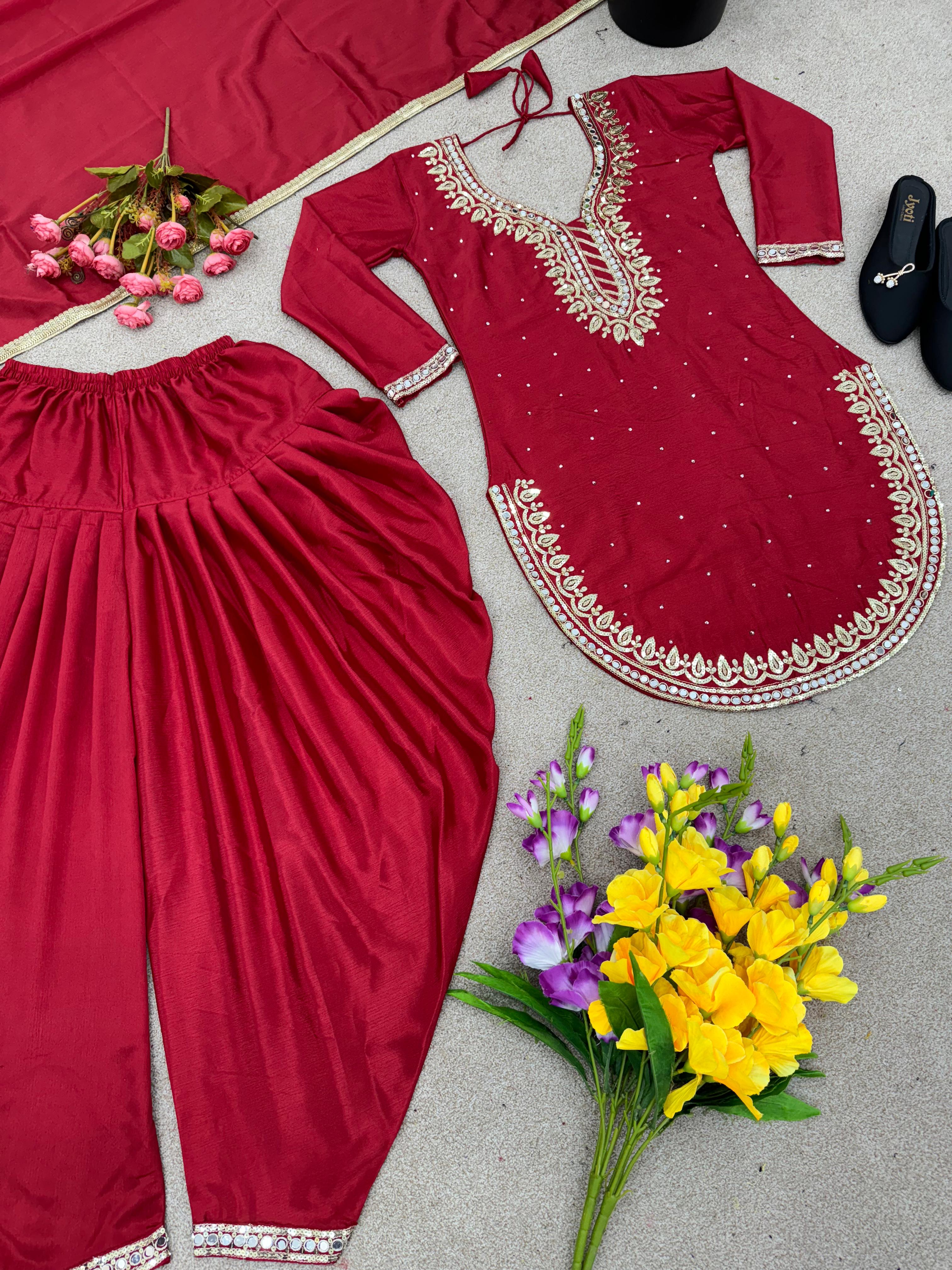 Round Cut Maroon Color Mirror Work Top With Dhoti