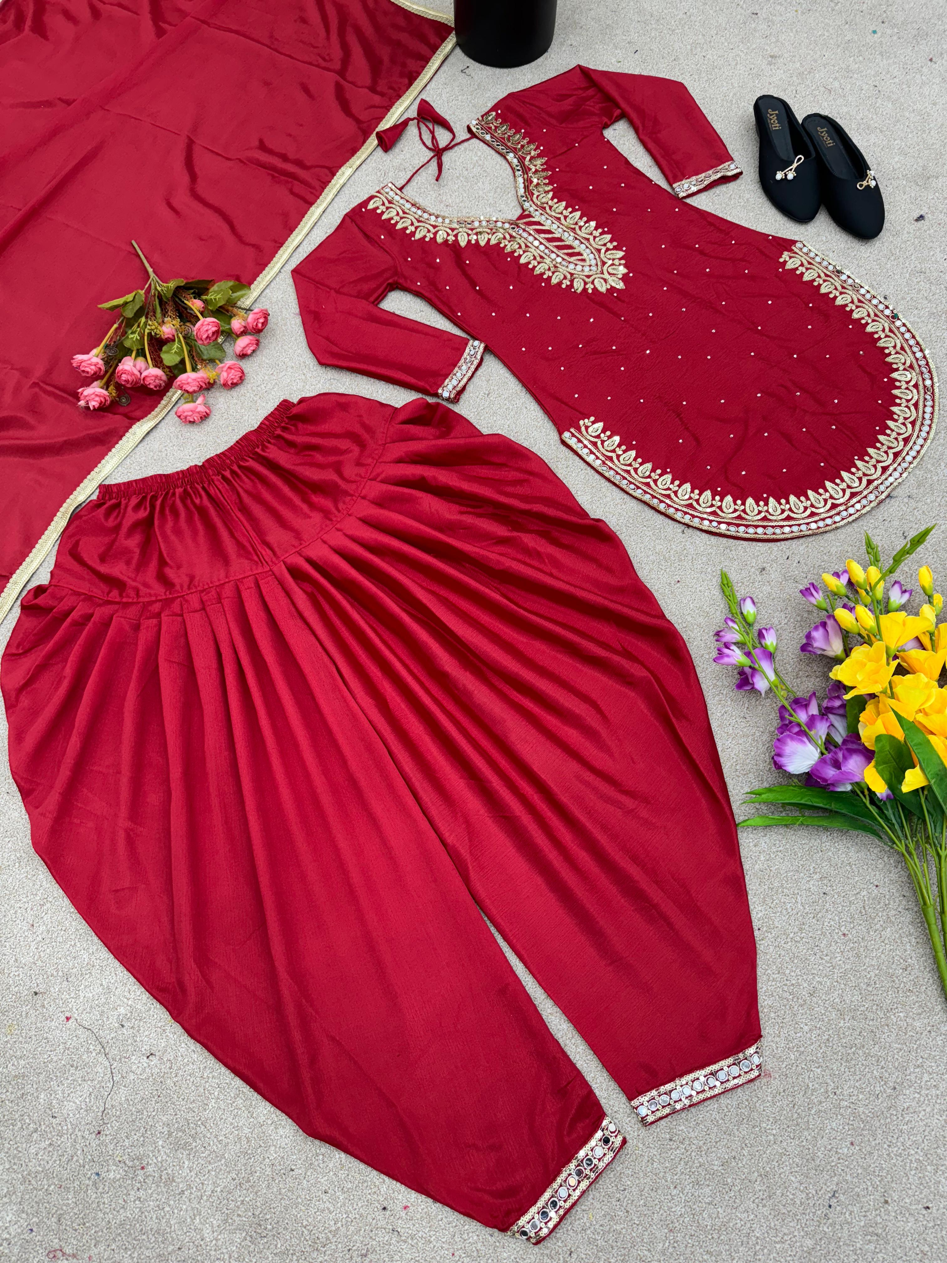 Round Cut Maroon Color Mirror Work Top With Dhoti