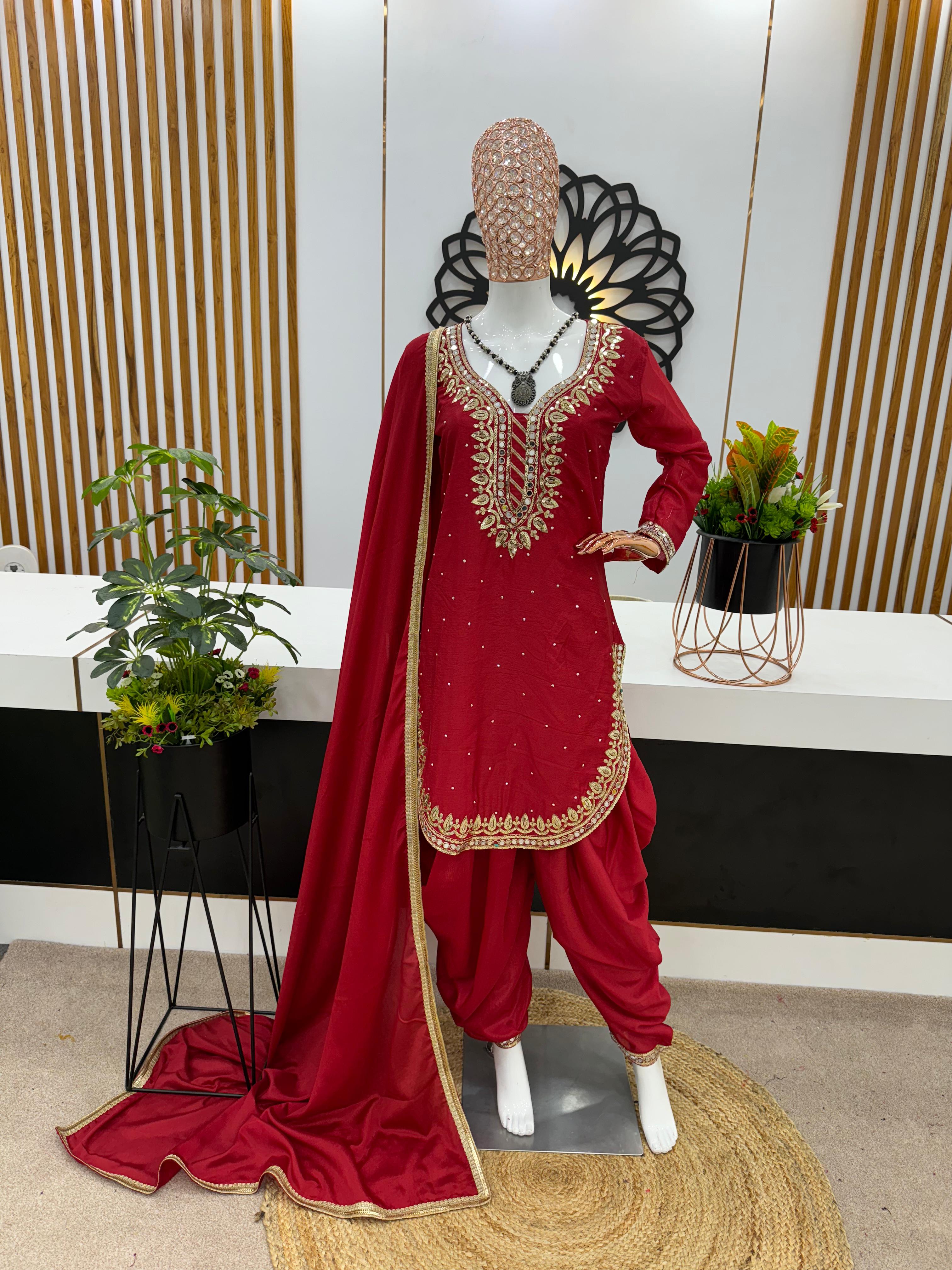 Round Cut Maroon Color Mirror Work Top With Dhoti