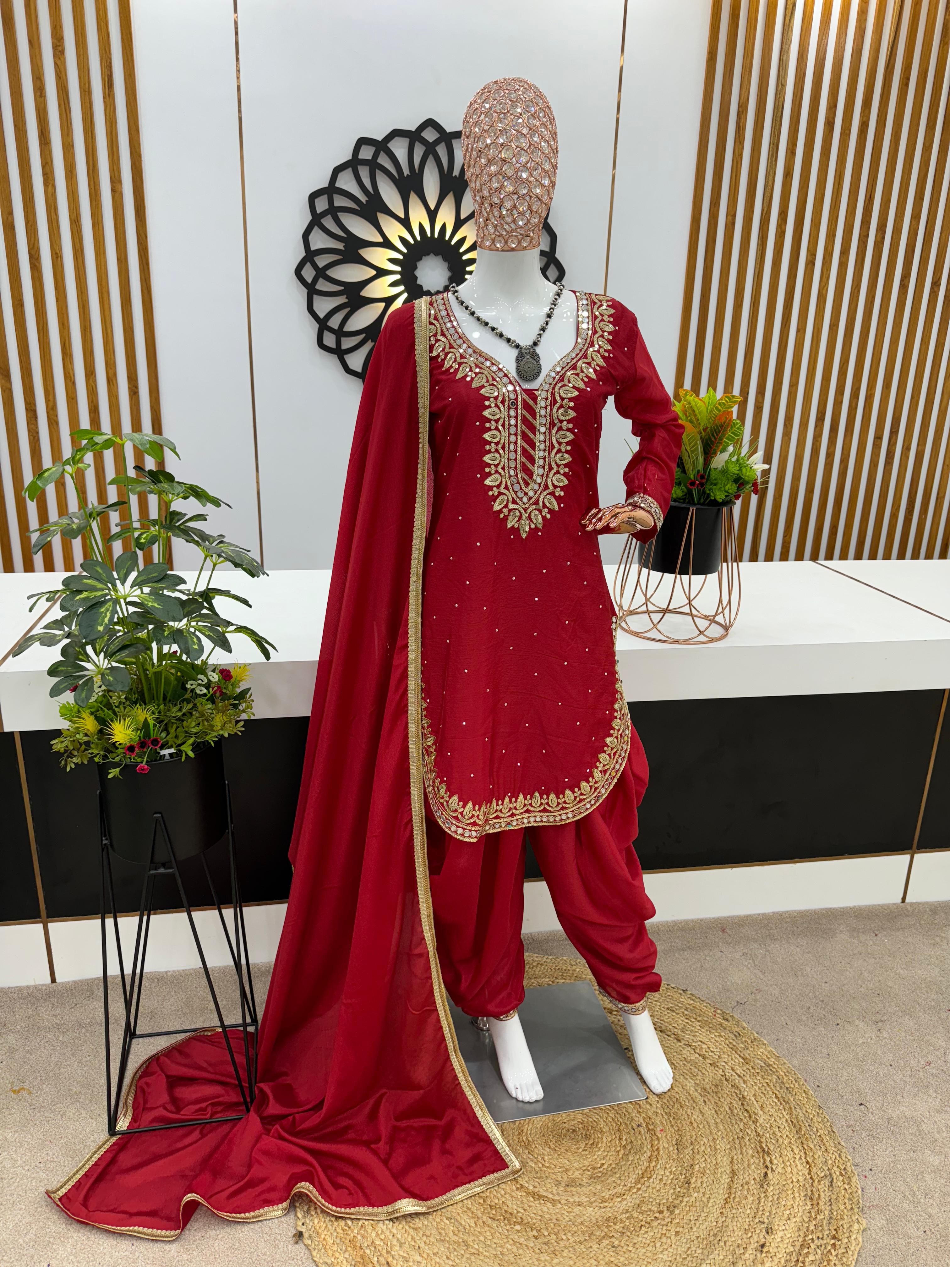 Round Cut Maroon Color Mirror Work Top With Dhoti