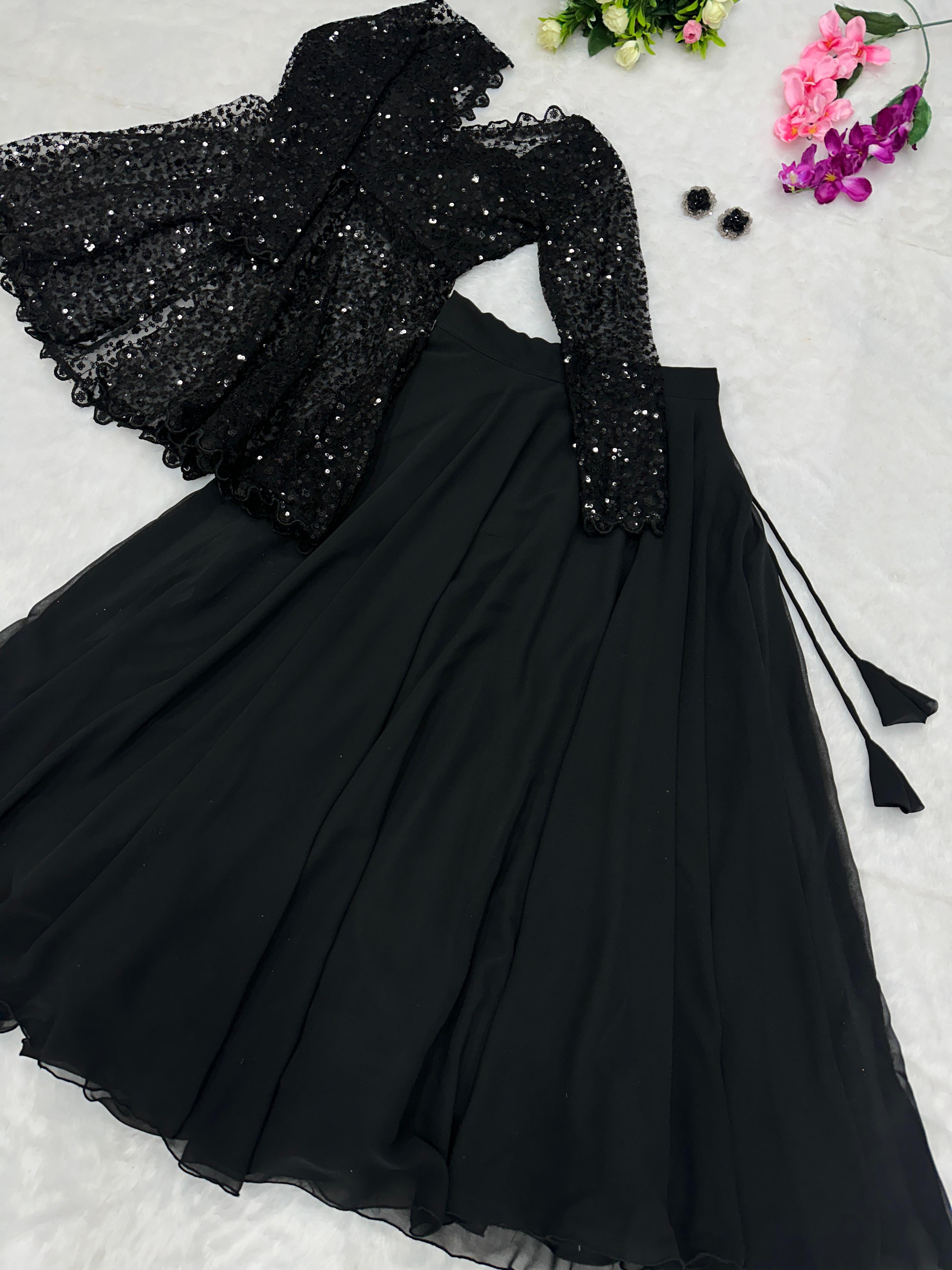 Embellished Work Black Color Top With Lehenga