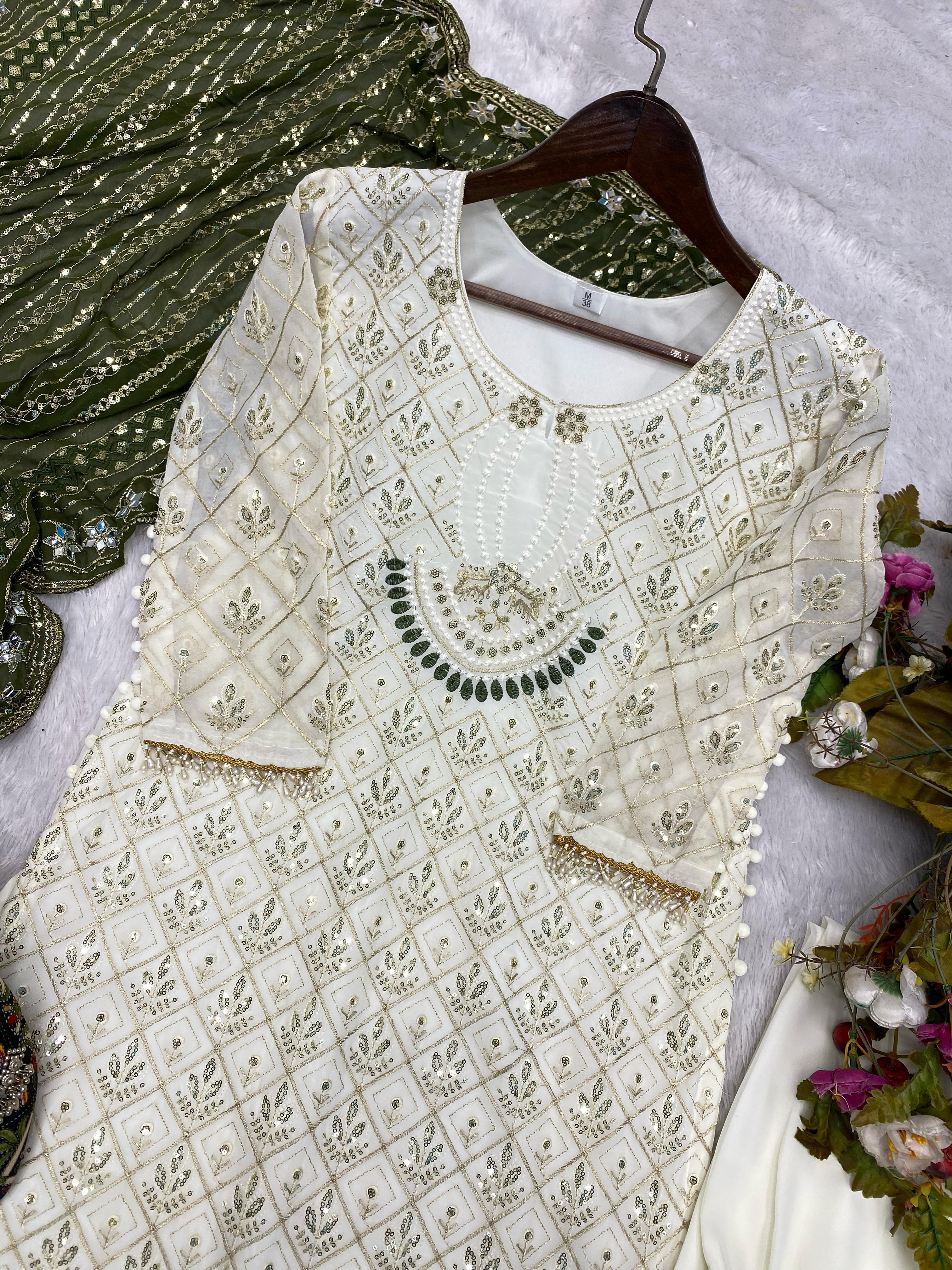 Pretty Sequence Work White Color Suit With Mehendi Dupatta