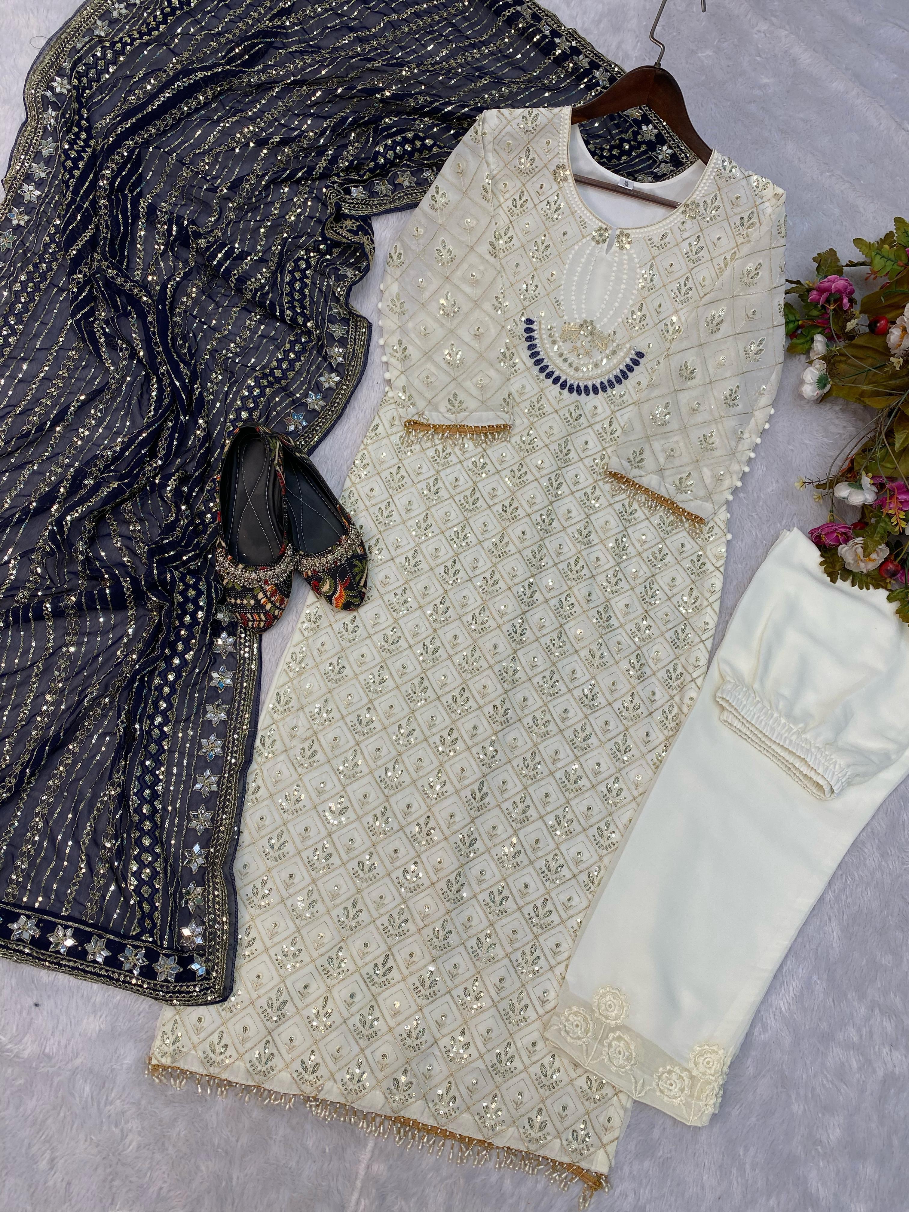 Pretty Sequence Work White Color Suit With Navy Blue Dupatta