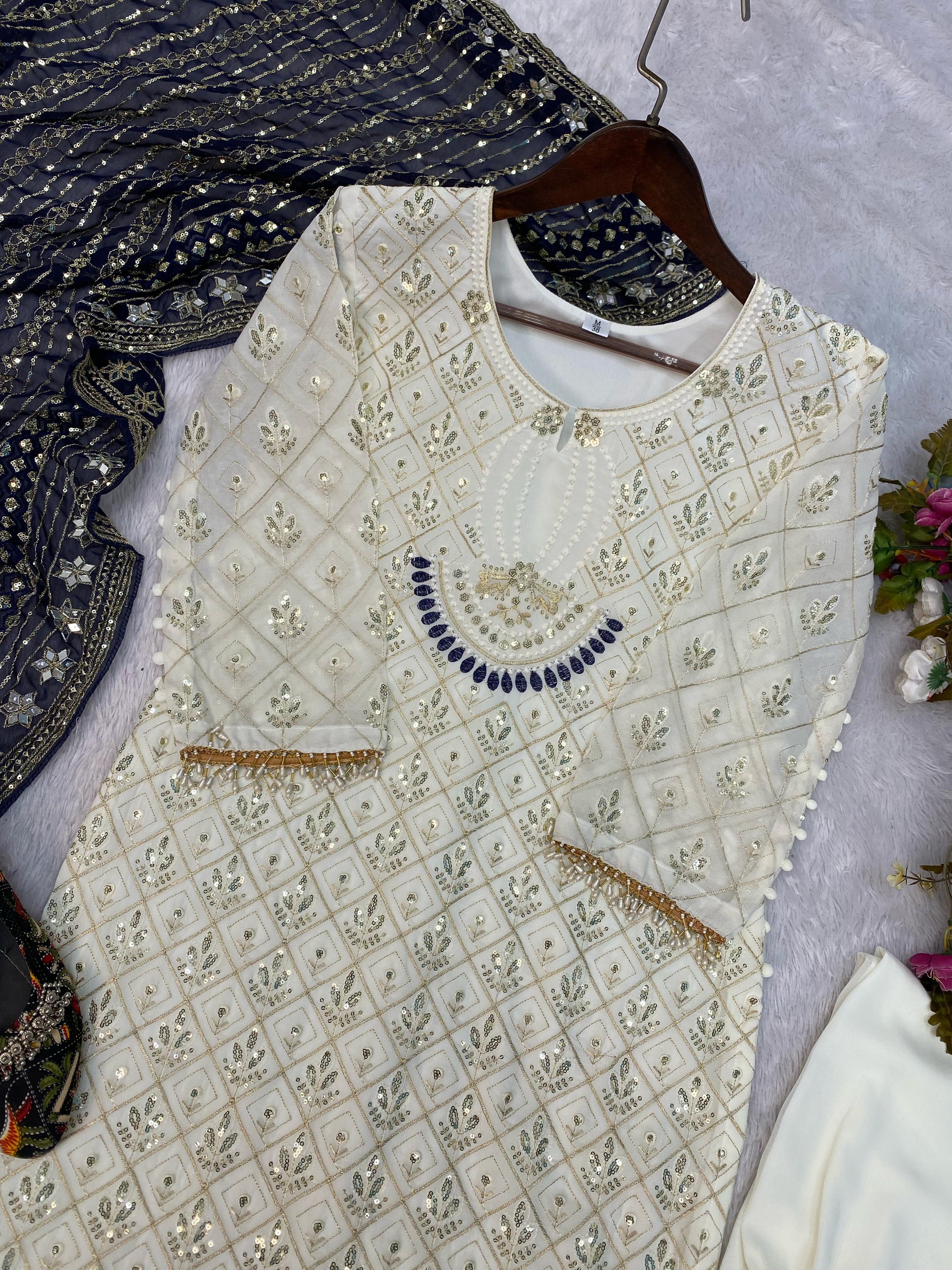 Pretty Sequence Work White Color Suit With Navy Blue Dupatta