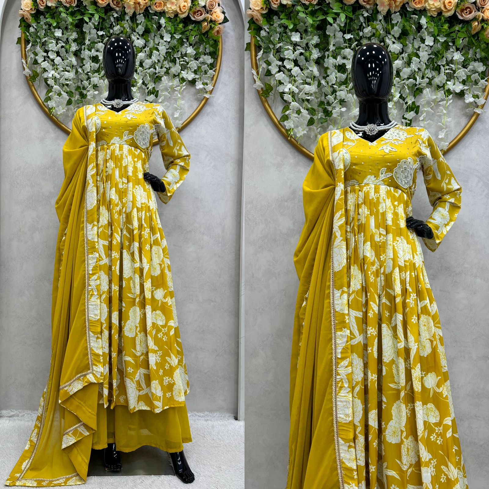 Hand Work With Digital Print Yellow Gown With Palazzo