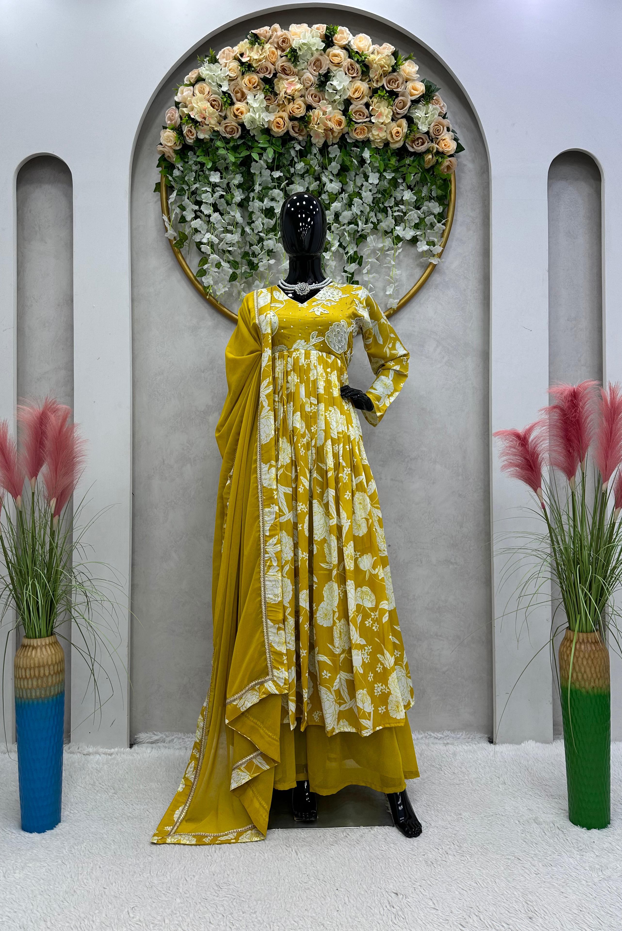 Hand Work With Digital Print Yellow Gown With Palazzo