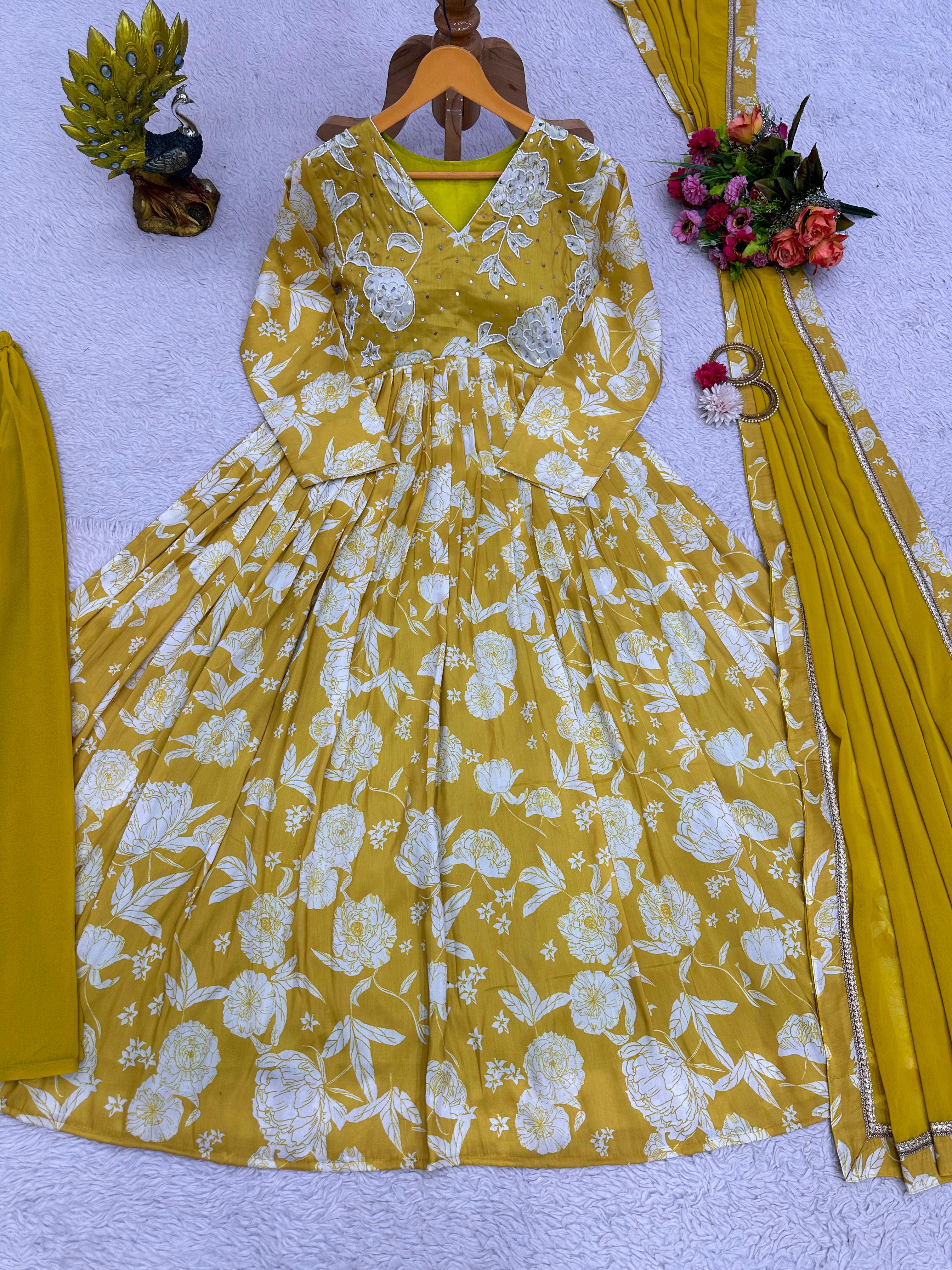 Hand Work With Digital Print Yellow Gown With Palazzo